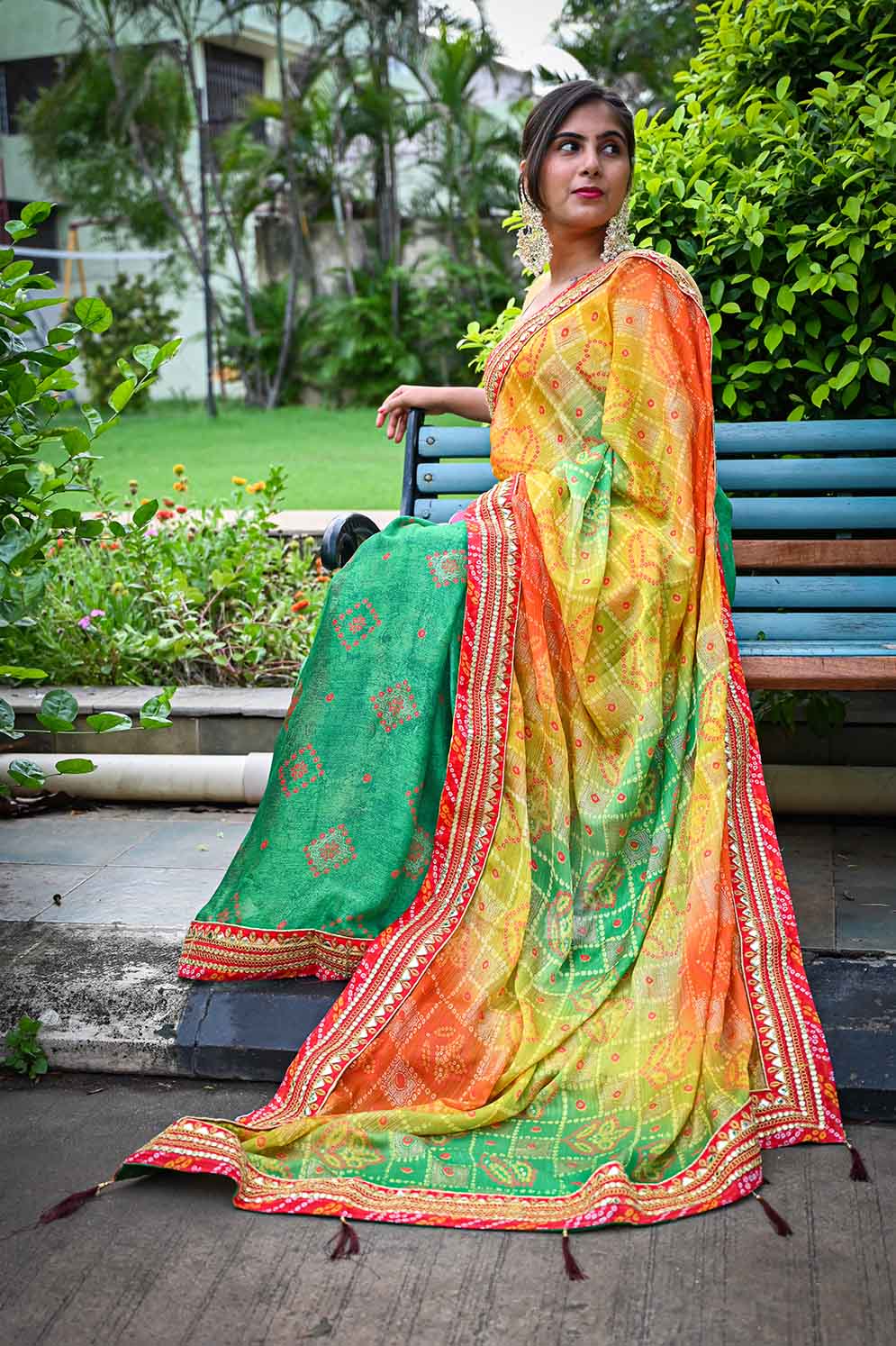 Prepossessing Green Bandhej With Gota Patti Border Wrap In One Minute Saree With Readymade Blouse - Isadora Life