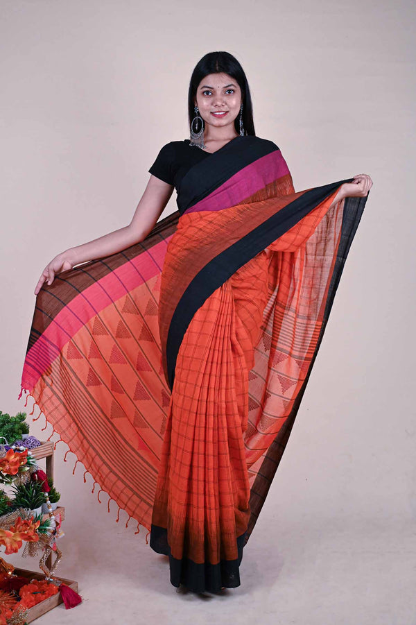 Ready to wear  Black And Orange   Checks Printed With Tassels on Pallu one minute ready made saree and readymade blouse - Isadora Life
