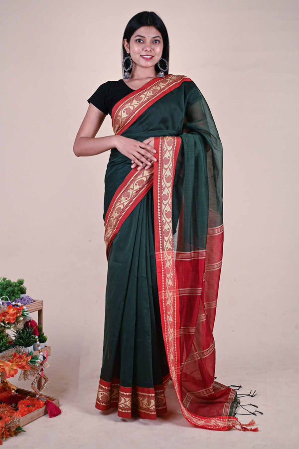 Ready to wear Green With Beautiful Pattern Woven Border one minute ready made saree and readymade blouse - Isadora Life