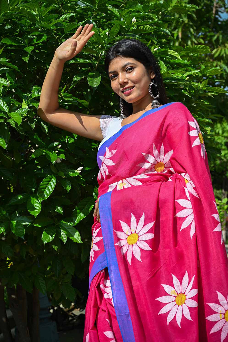 Ready to wear Floral Hand painted Cotton  one minute ready made saree and readymade blouse - Isadora Life