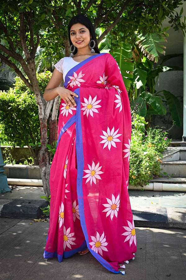 Ready to wear Floral Hand painted Cotton  one minute ready made saree and readymade blouse - Isadora Life