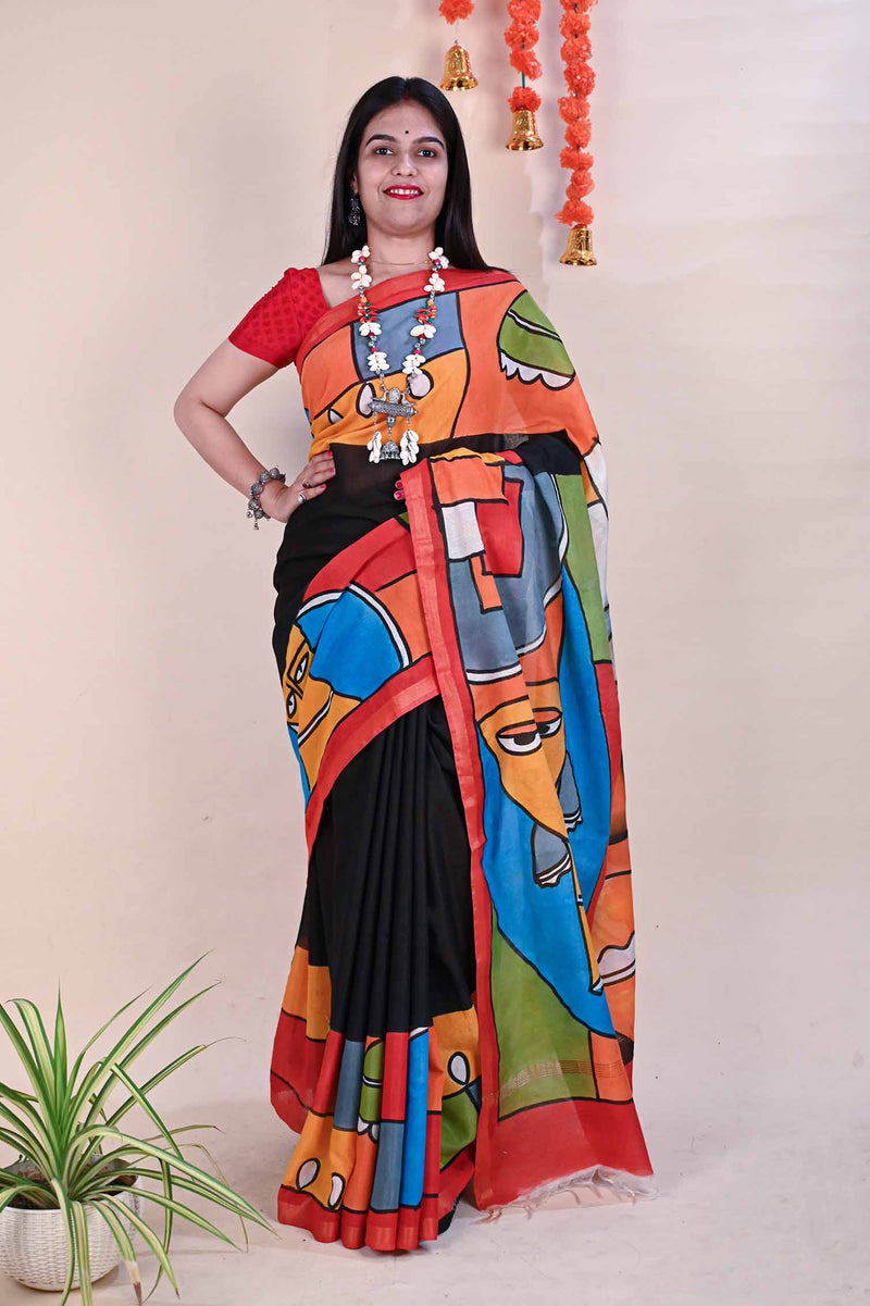 Ready to wear Beautiful Artistic Handpainted Multicolor one minute saree and readymade blouse - Isadora Life