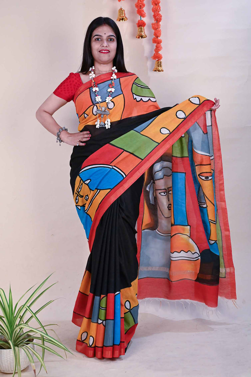 Ready to wear Beautiful Artistic Handpainted Multicolor one minute saree and readymade blouse - Isadora Life
