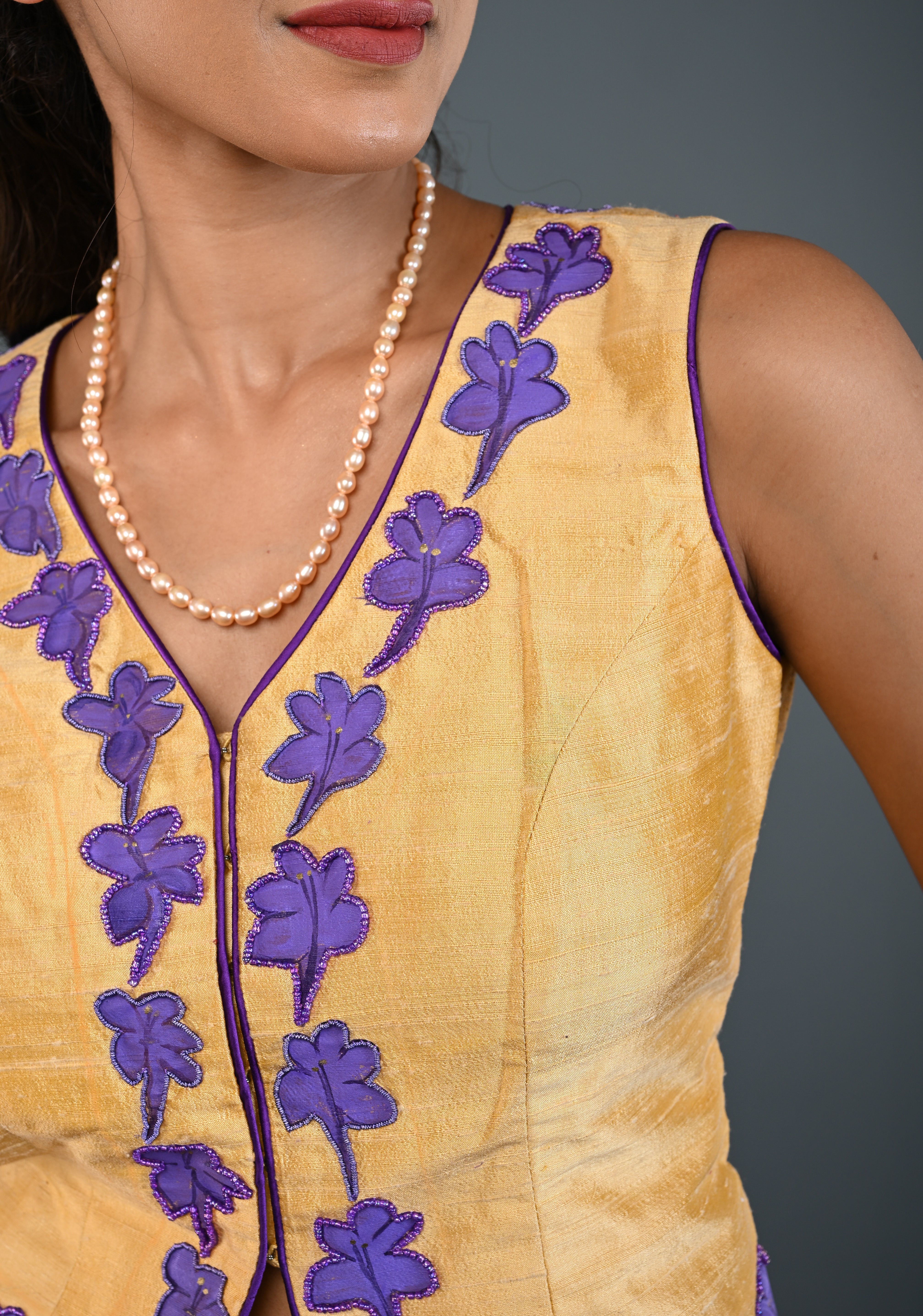 Golden Raw Silk Sleeveless Jacket Style Blouse/ Crop Top with Floral Handpainting and Beads Detailing , Customizable, Made to Order | Shobitam