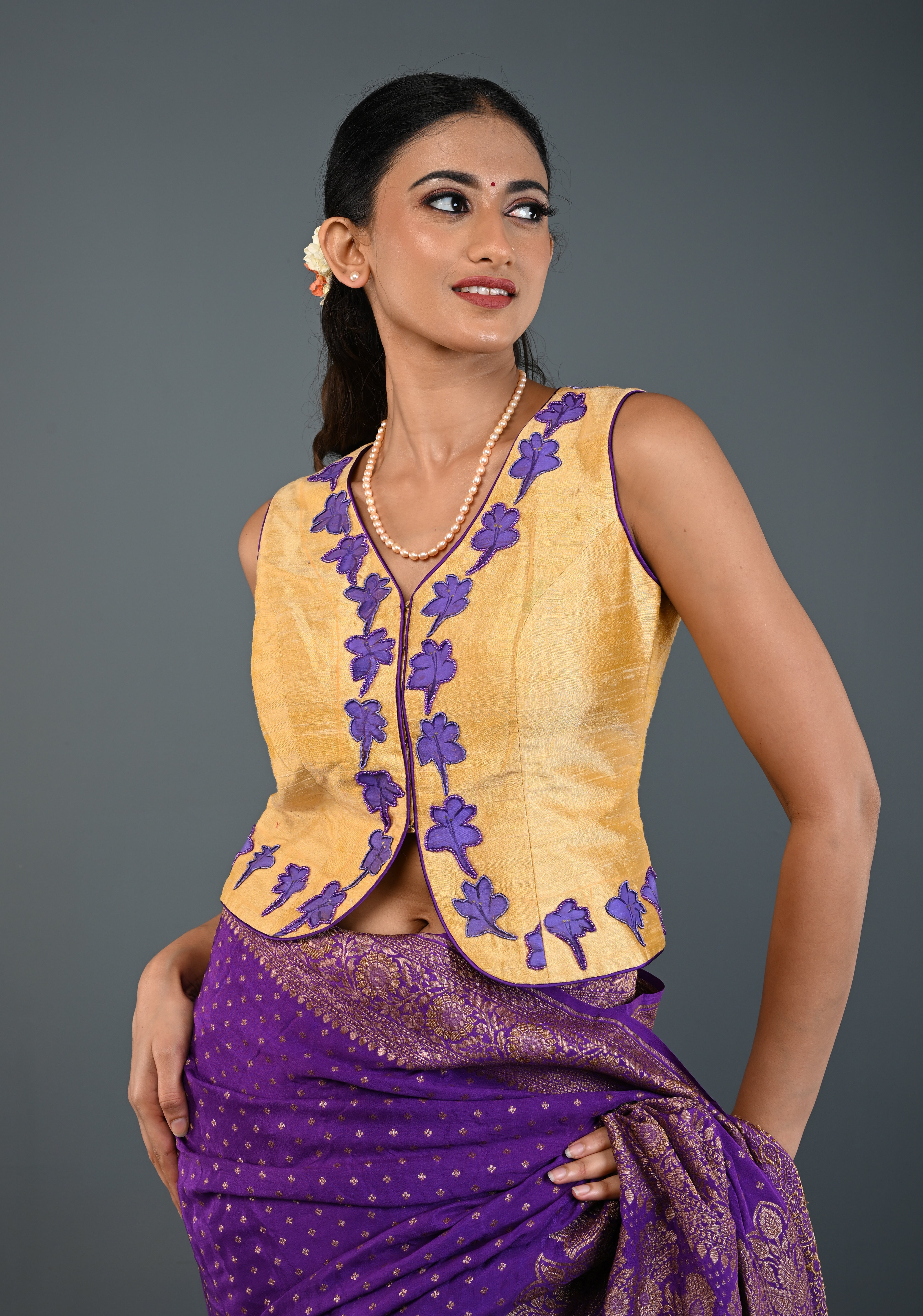 Golden Raw Silk Sleeveless Jacket Style Blouse/ Crop Top with Floral Handpainting and Beads Detailing , Customizable, Made to Order | Shobitam