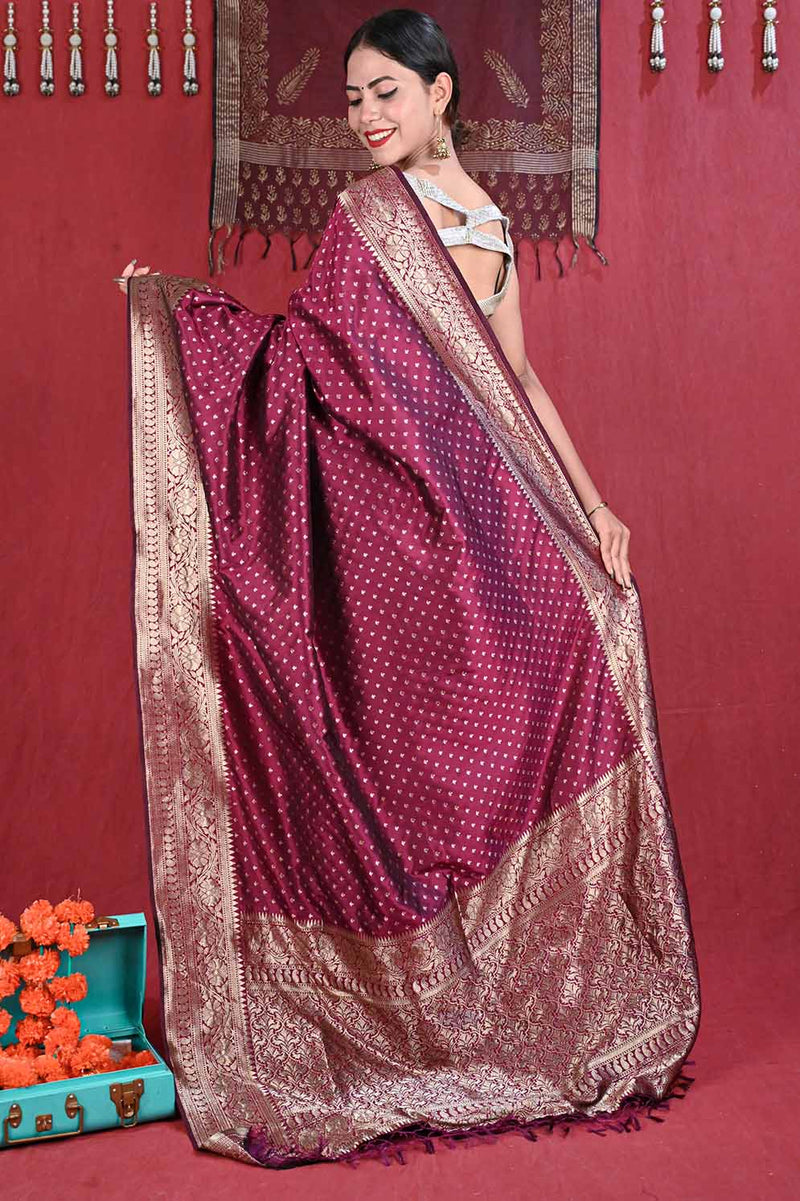 Ready To Wear Bollywood Maroon Banarasi  Wrap in 1 minute saree With Readymade Blouse - Isadora Life