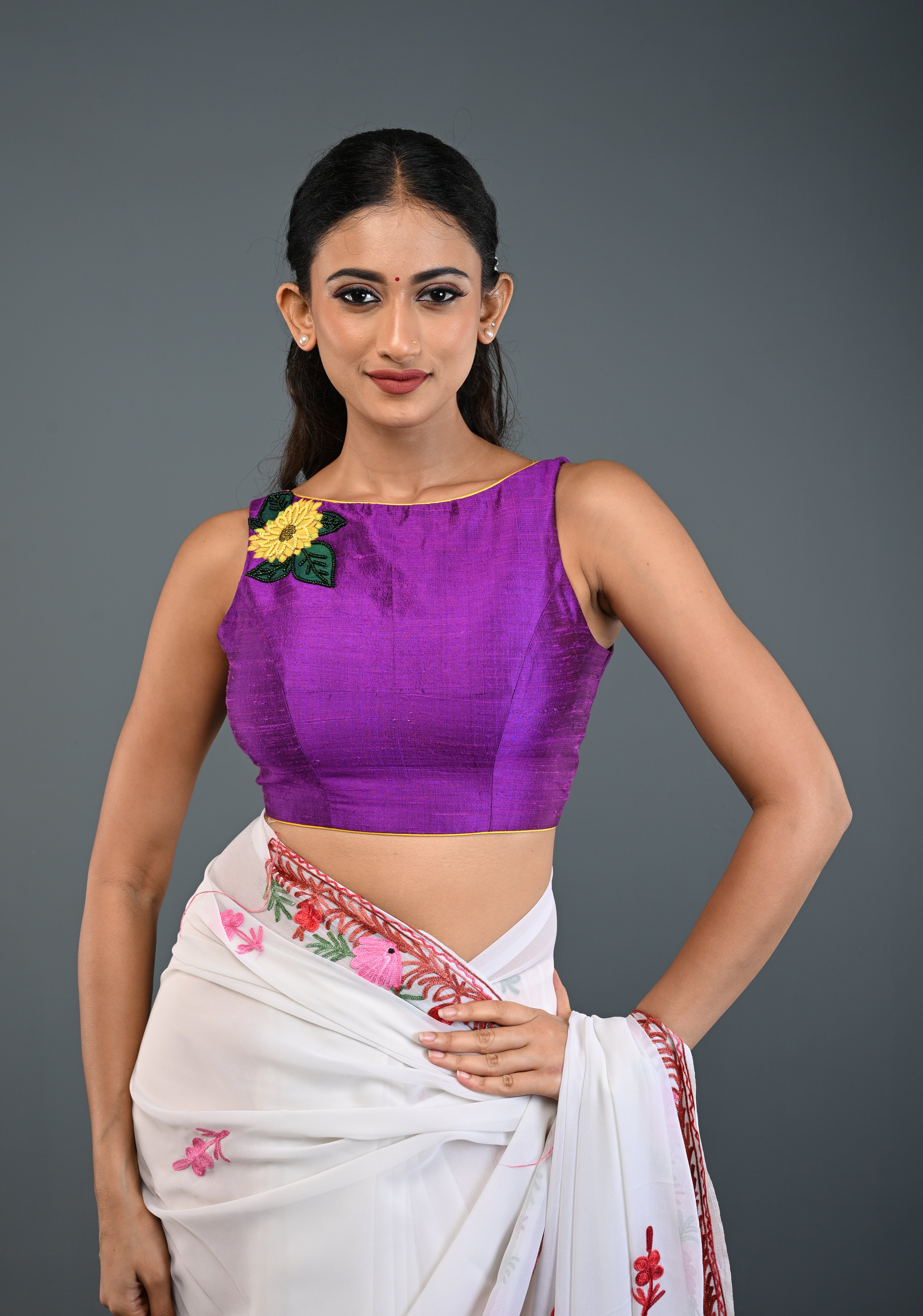 Purple Pure Raw Silk Sleeveless Blouse with Sunflower Handpainting, Beadwork and Back Cutout Design , Customizable, Made to Order | Shobitam