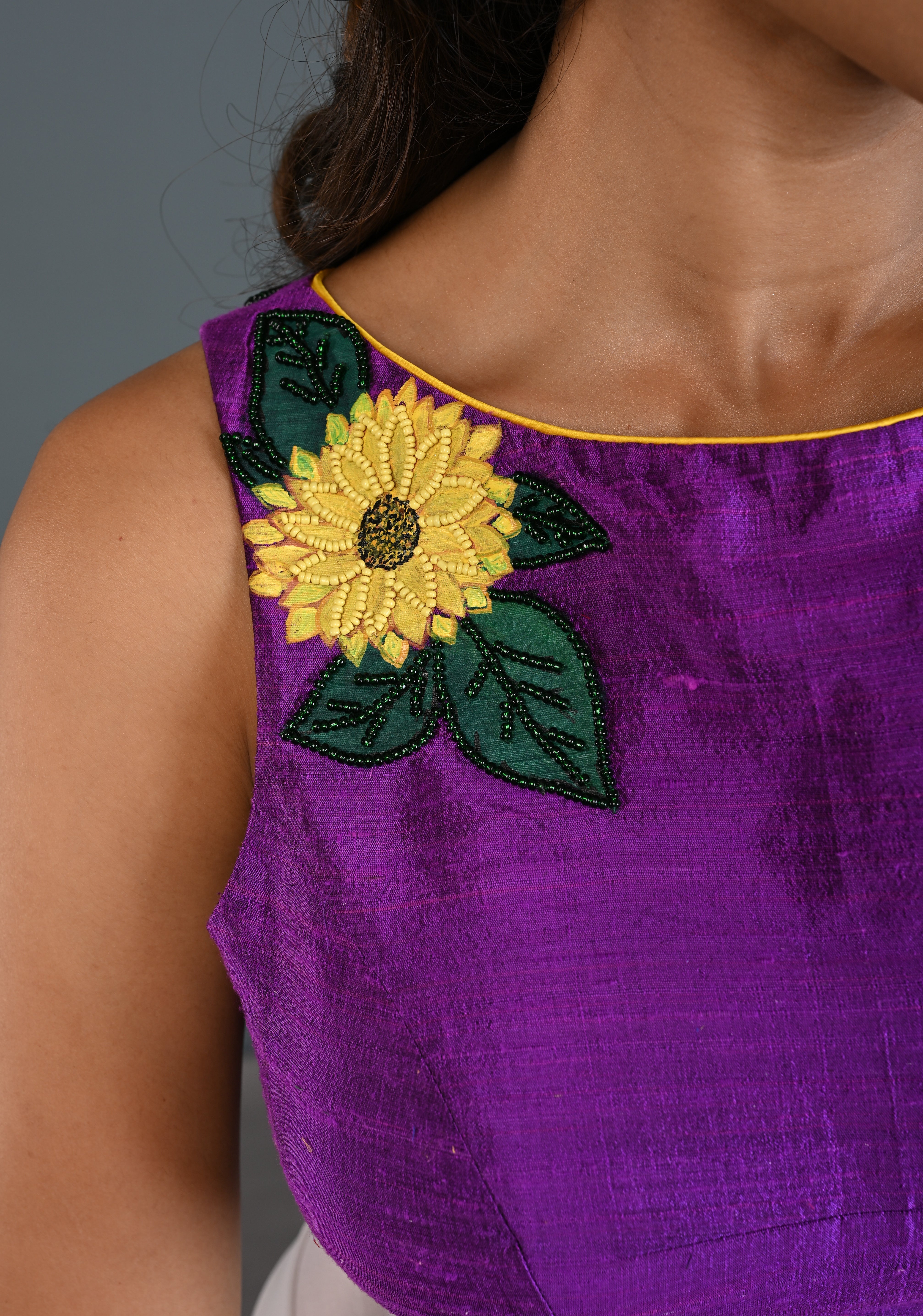 Purple Pure Raw Silk Sleeveless Blouse with Sunflower Handpainting, Beadwork and Back Cutout Design , Customizable, Made to Order | Shobitam