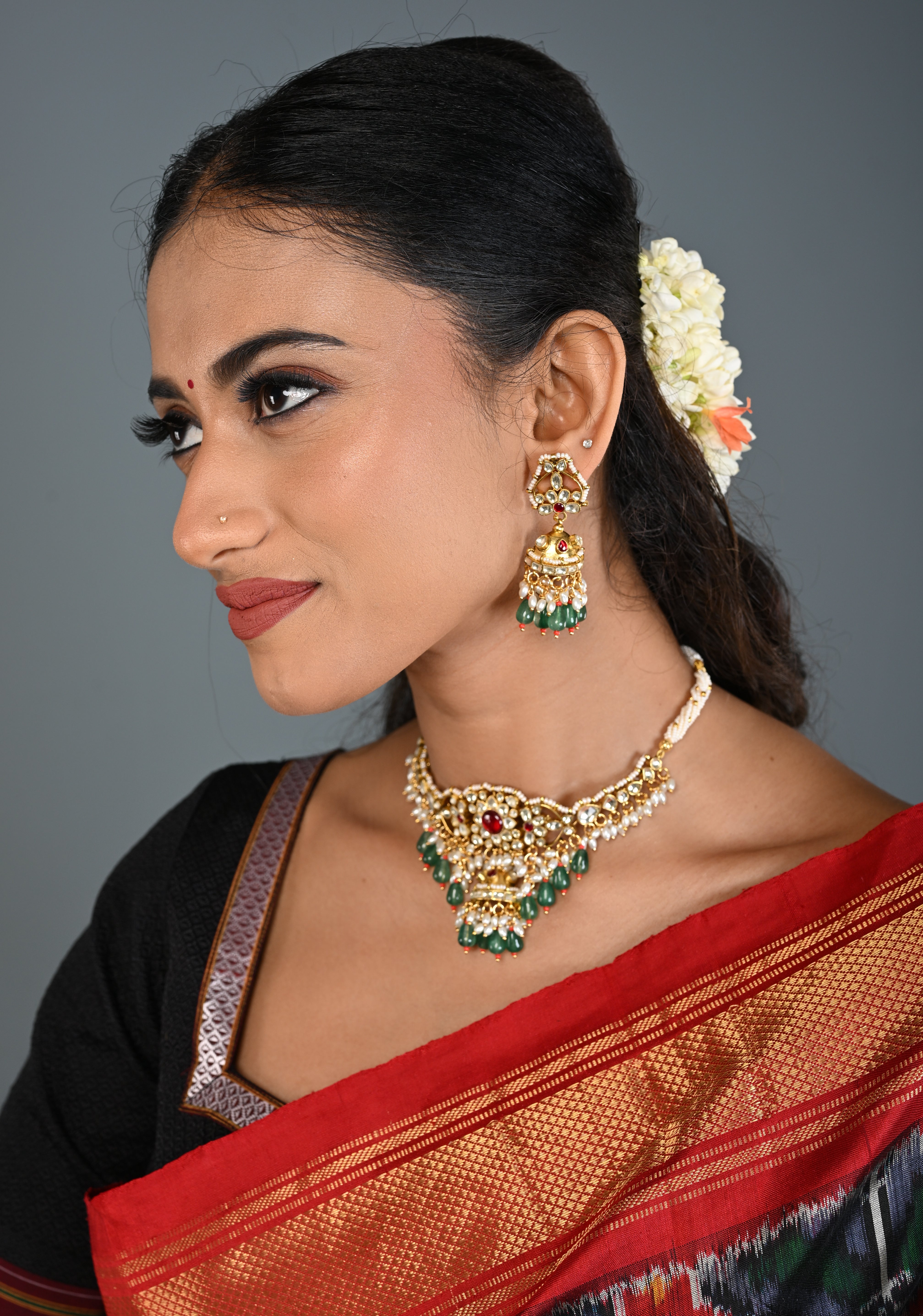 Ahmedabadi kundan multistrand necklace set with Floral Pendant and sage green dangling beads and pearls | SHOBITAM