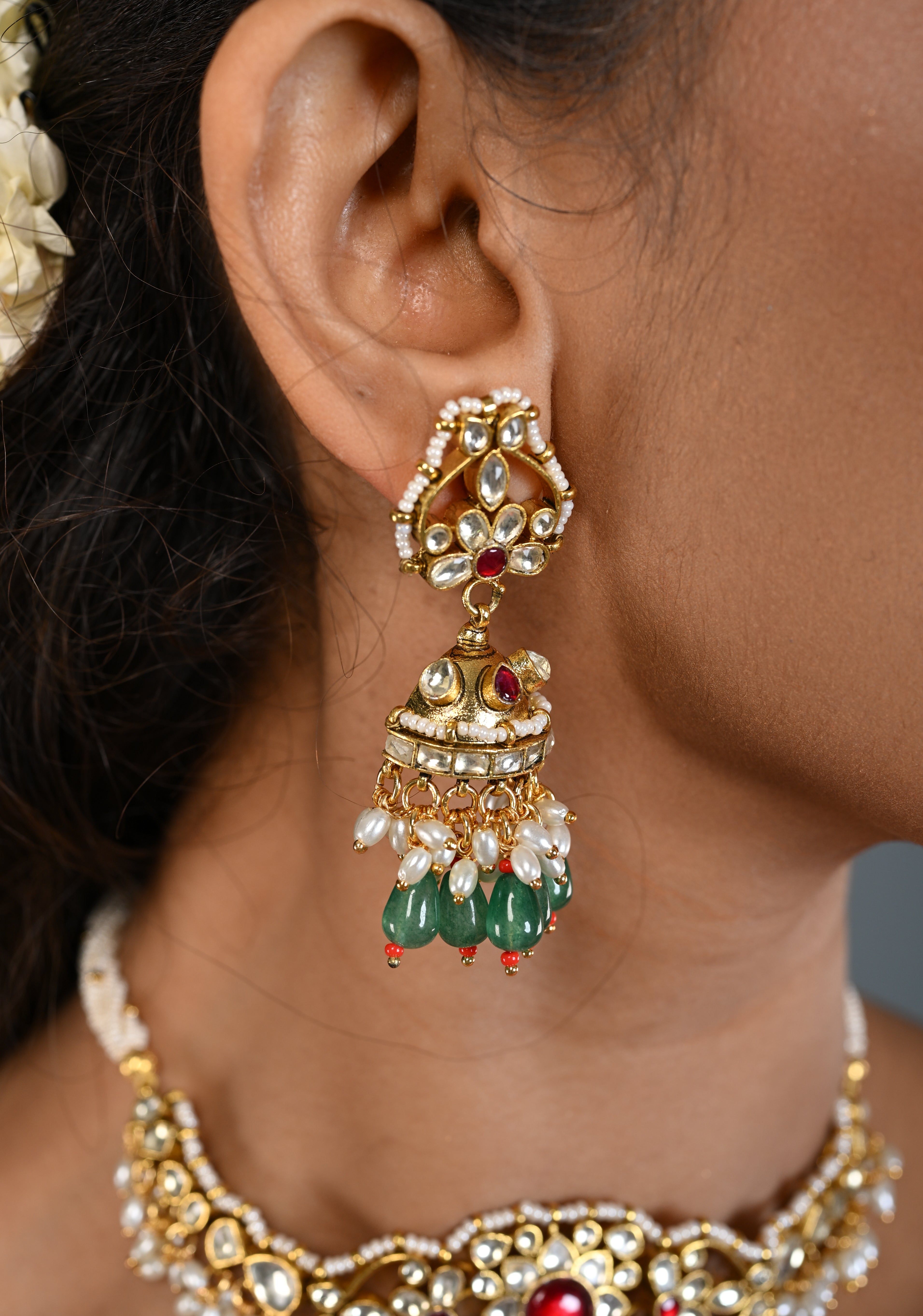 Ahmedabadi kundan multistrand necklace set with Floral Pendant and sage green dangling beads and pearls | SHOBITAM