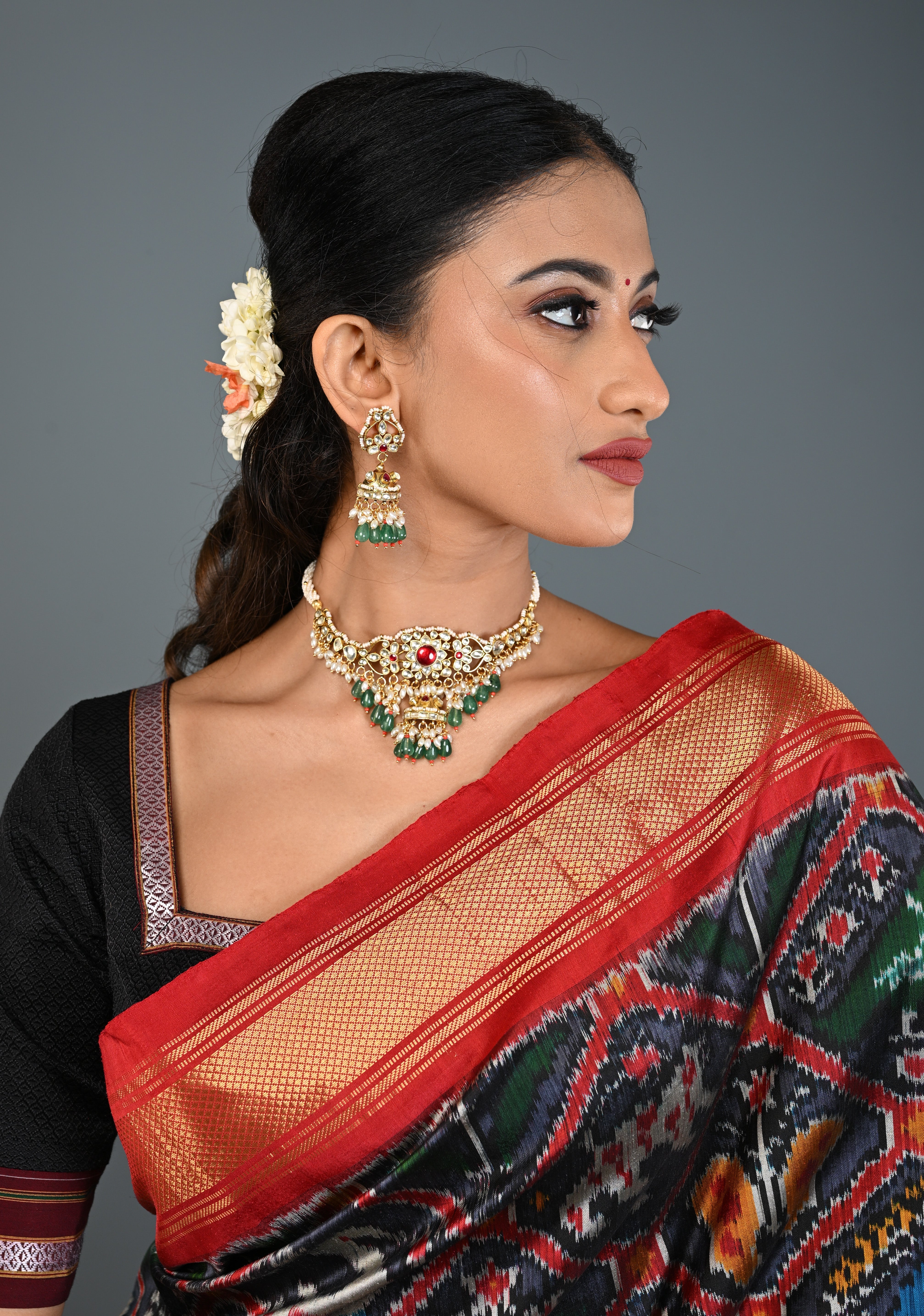Ahmedabadi kundan multistrand necklace set with Floral Pendant and sage green dangling beads and pearls | SHOBITAM