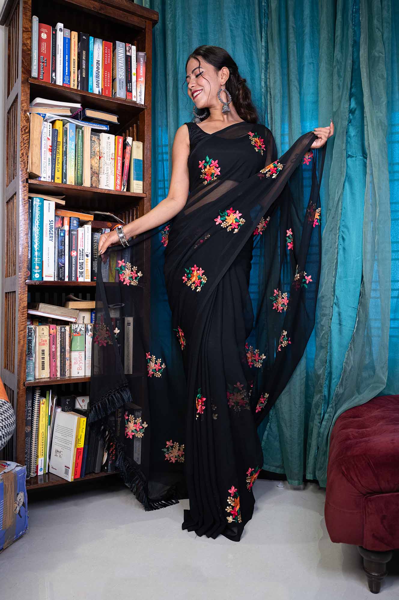 Ready to wear Black Georgette Beautiful Embroidered  Wrap in 1 minute Saree with Readymade Blouse - Isadora Life
