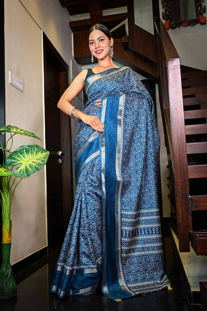 Ready to wear Blue Dola Silk Over All Bastar Art  Printed With sequence Border Wrap in 1 minute Saree with Readymade Blouse - Isadora Life