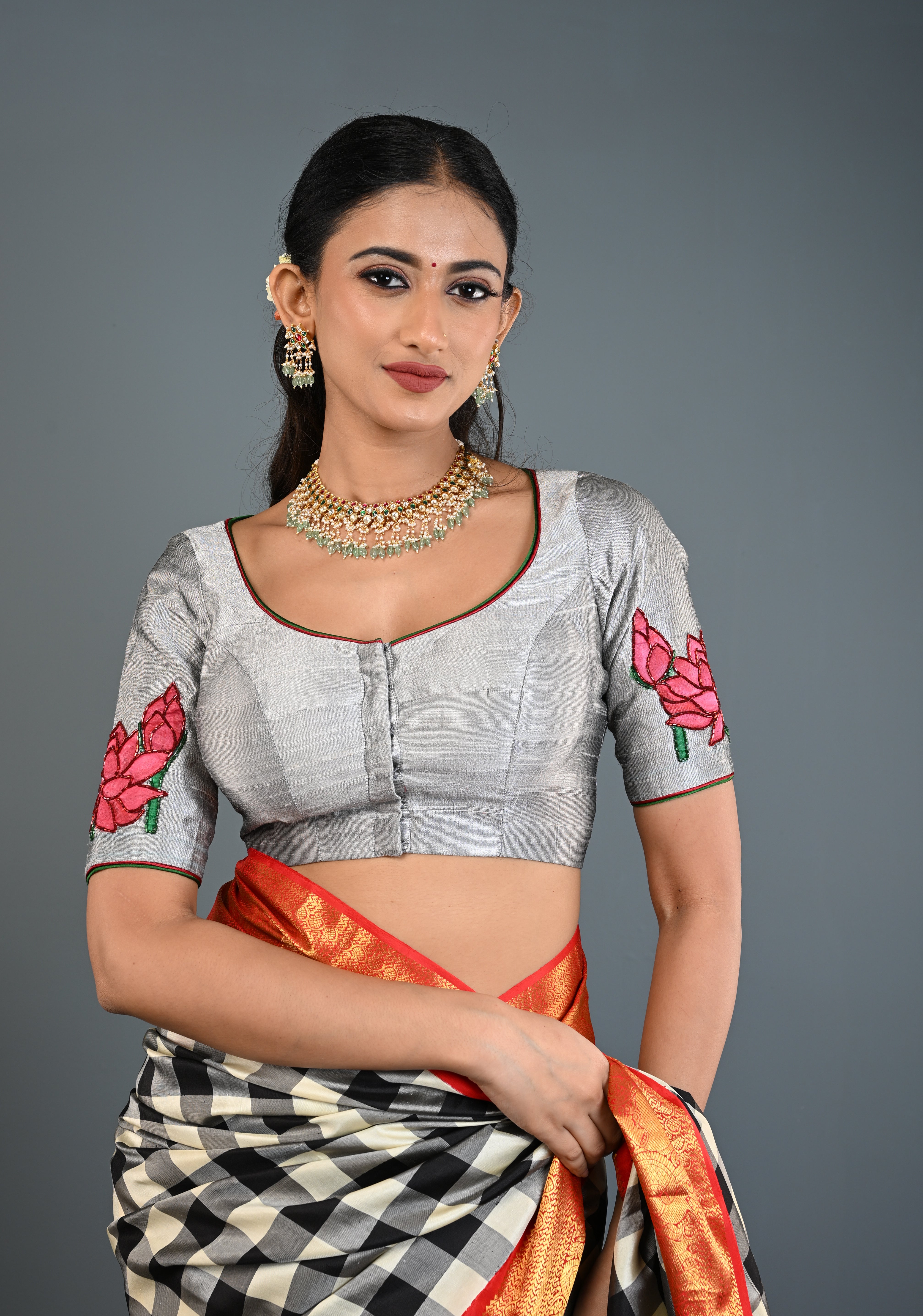 Pure Raw Silk Blouse in Gray with Lotus Handpainting , embellishments and Backless-Tie up Detailing, Customizable, Made to Order | Shobitam