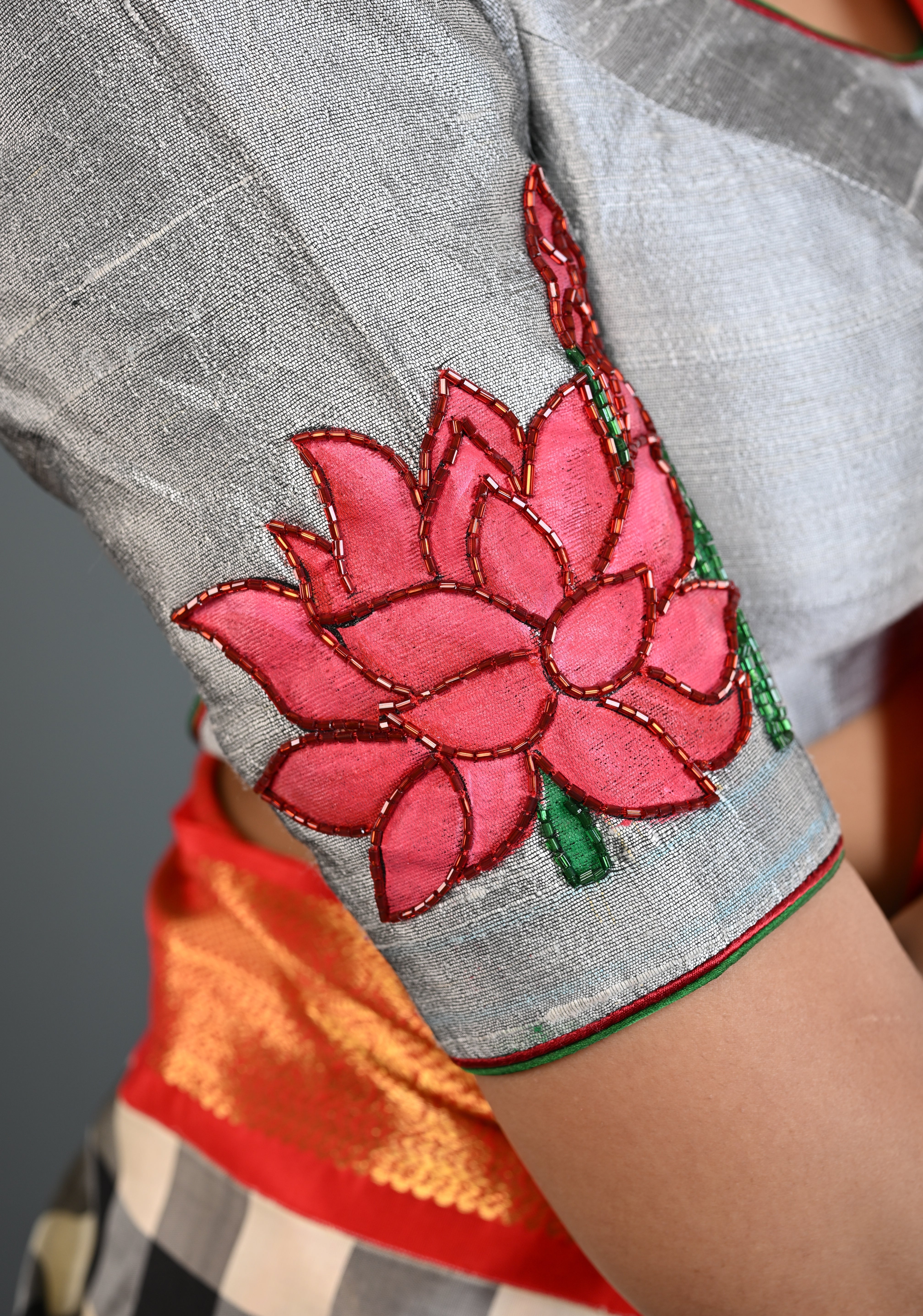 Pure Raw Silk Blouse in Gray with Lotus Handpainting , embellishments and Backless-Tie up Detailing, Customizable, Made to Order | Shobitam