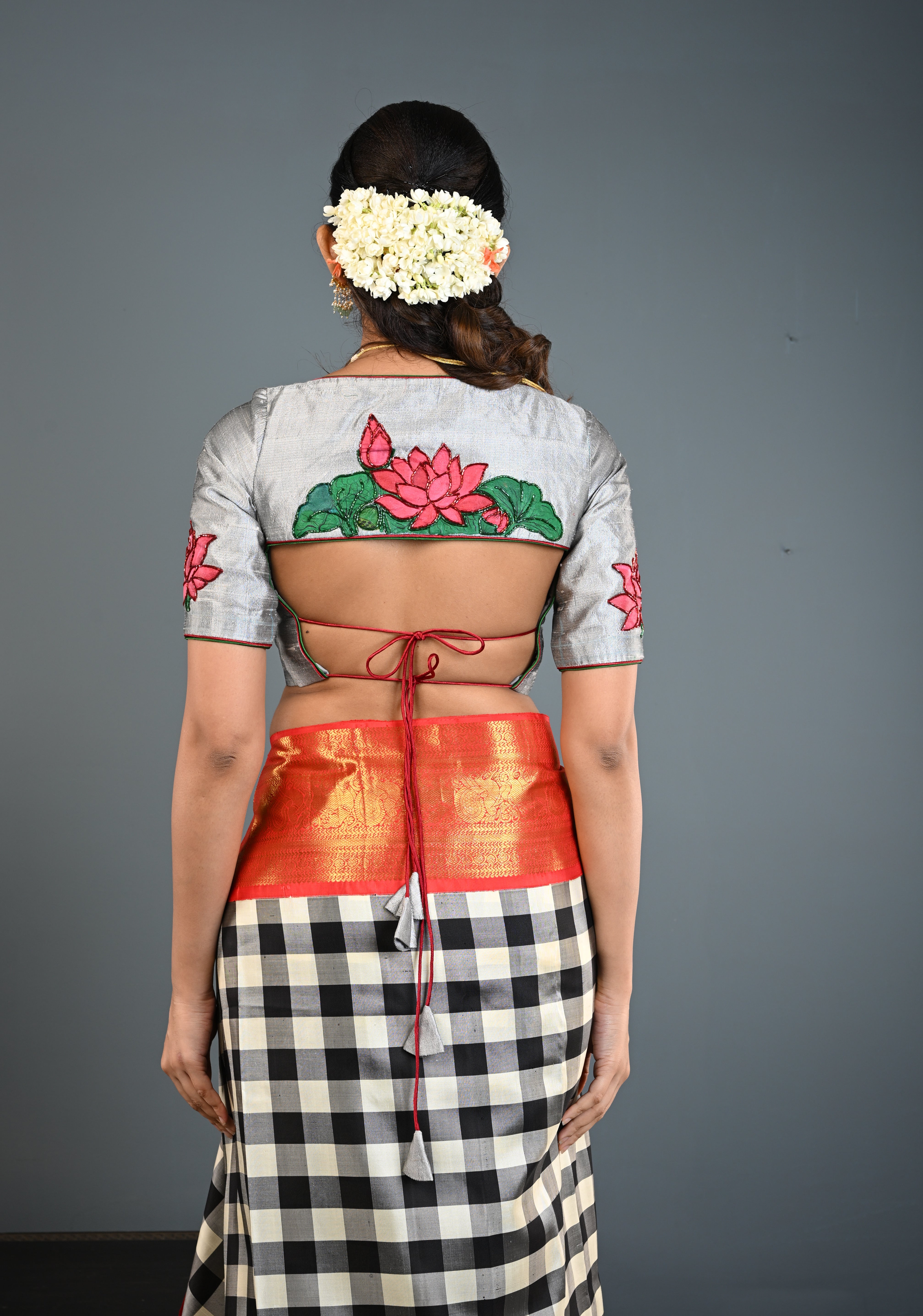 Pure Raw Silk Blouse in Gray with Lotus Handpainting , embellishments and Backless-Tie up Detailing, Customizable, Made to Order | Shobitam