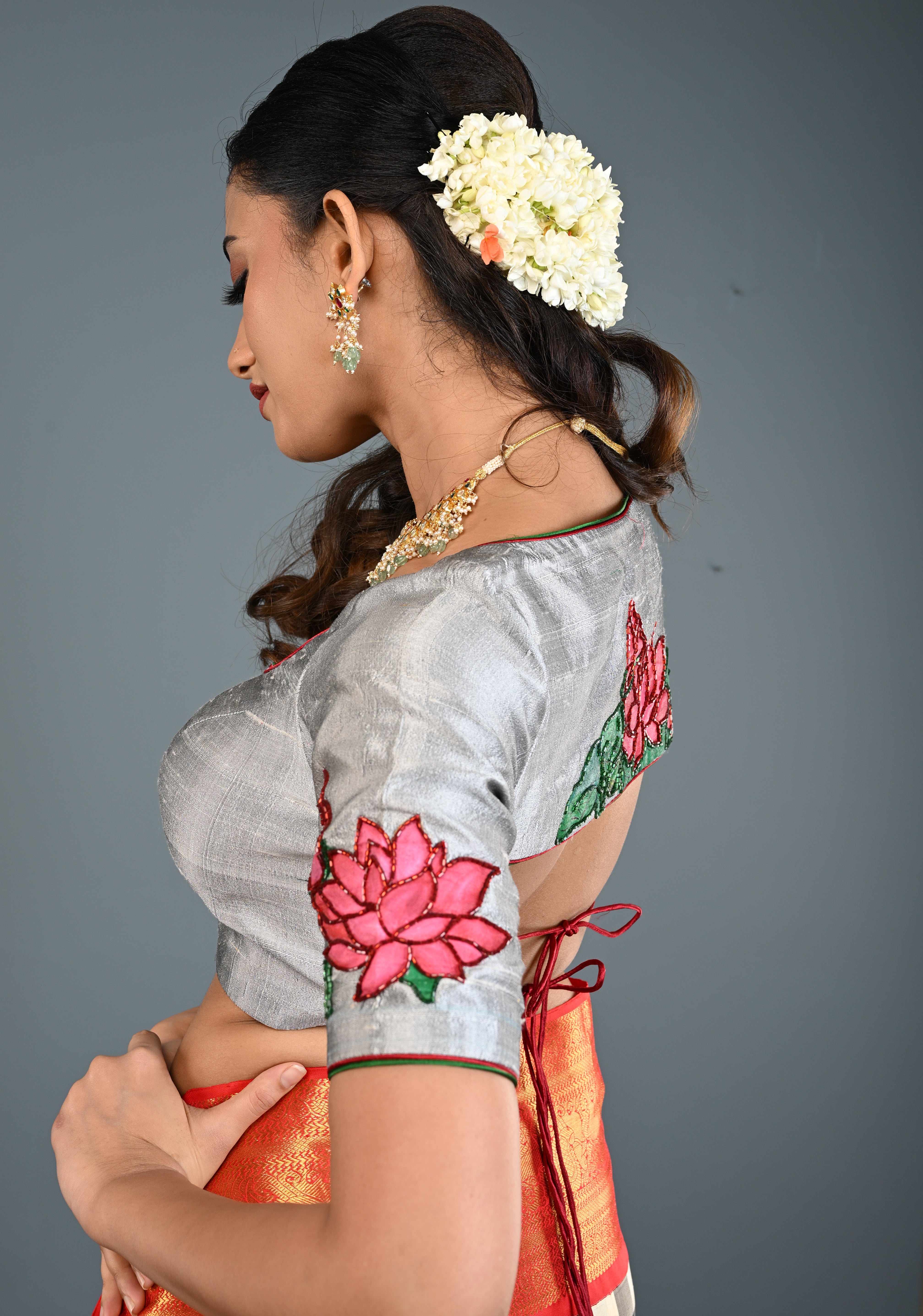 Pure Raw Silk Blouse in Gray with Lotus Handpainting , embellishments and Backless-Tie up Detailing, Customizable, Made to Order | Shobitam