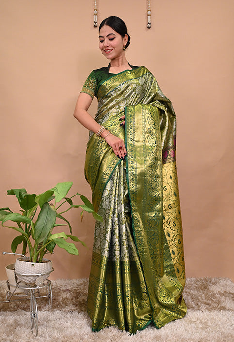 Green Kanchipuram Dhoop Chav Traditional Style with Zari Woven all Over  Wrap in 1 minute saree