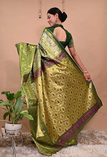 Green Kanchipuram Dhoop Chav Traditional Style with Zari Woven all Over  Wrap in 1 minute saree