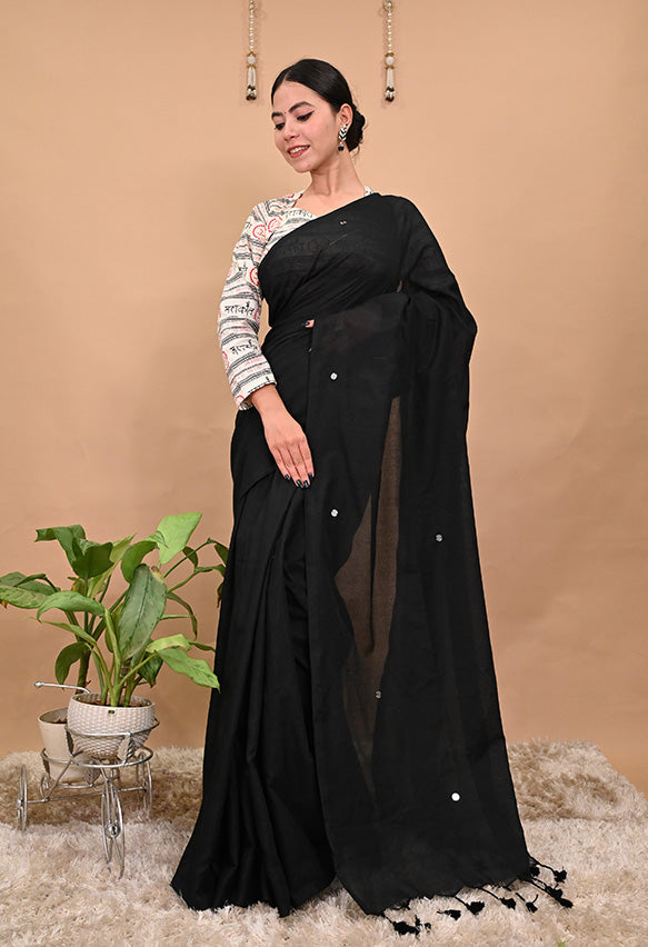 Beautiful Black Cotton With Tikki Embellished & Full Sleeve Mahakal Printed Blouse Pre stitched Saree & ready blouse