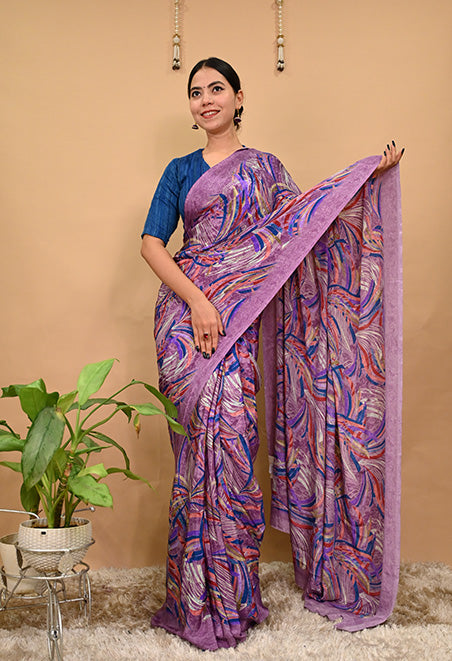 Lavender Crepe With Multicolor Printed All Over Ready To Wear Saree
