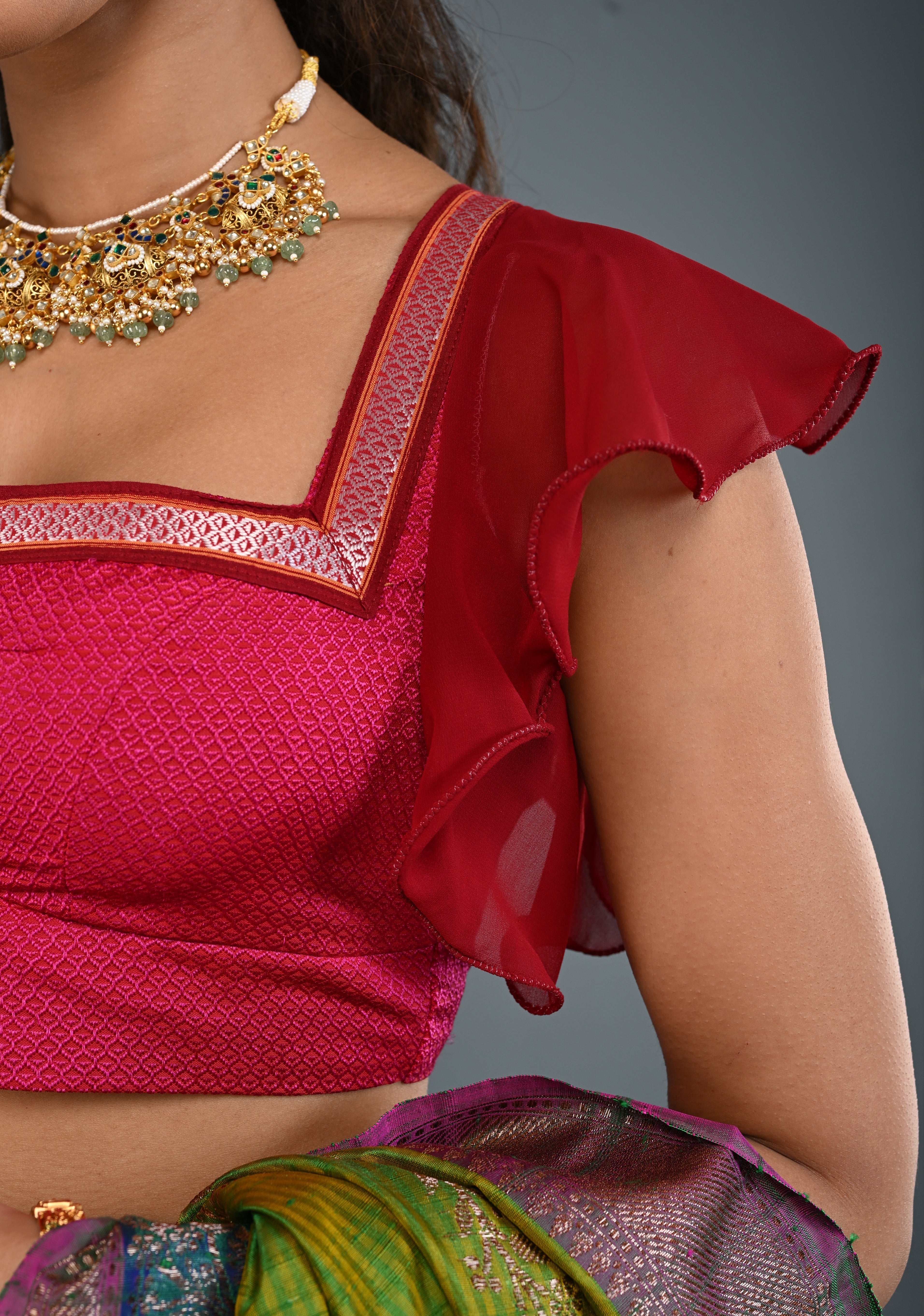 Rani Pink Khana Silk Blouse with Square-Neck and Maroon Ruffle Sleeves, Customizable, Made to Order | Shobitam