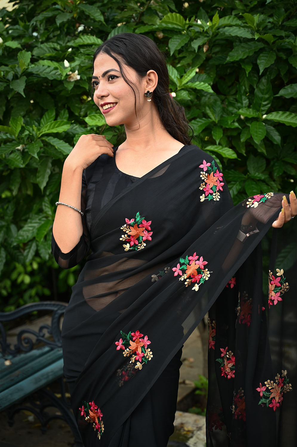 Ready to wear Black Georgette Beautiful Embroidered  Wrap in 1 minute Saree with Readymade Blouse - Isadora Life