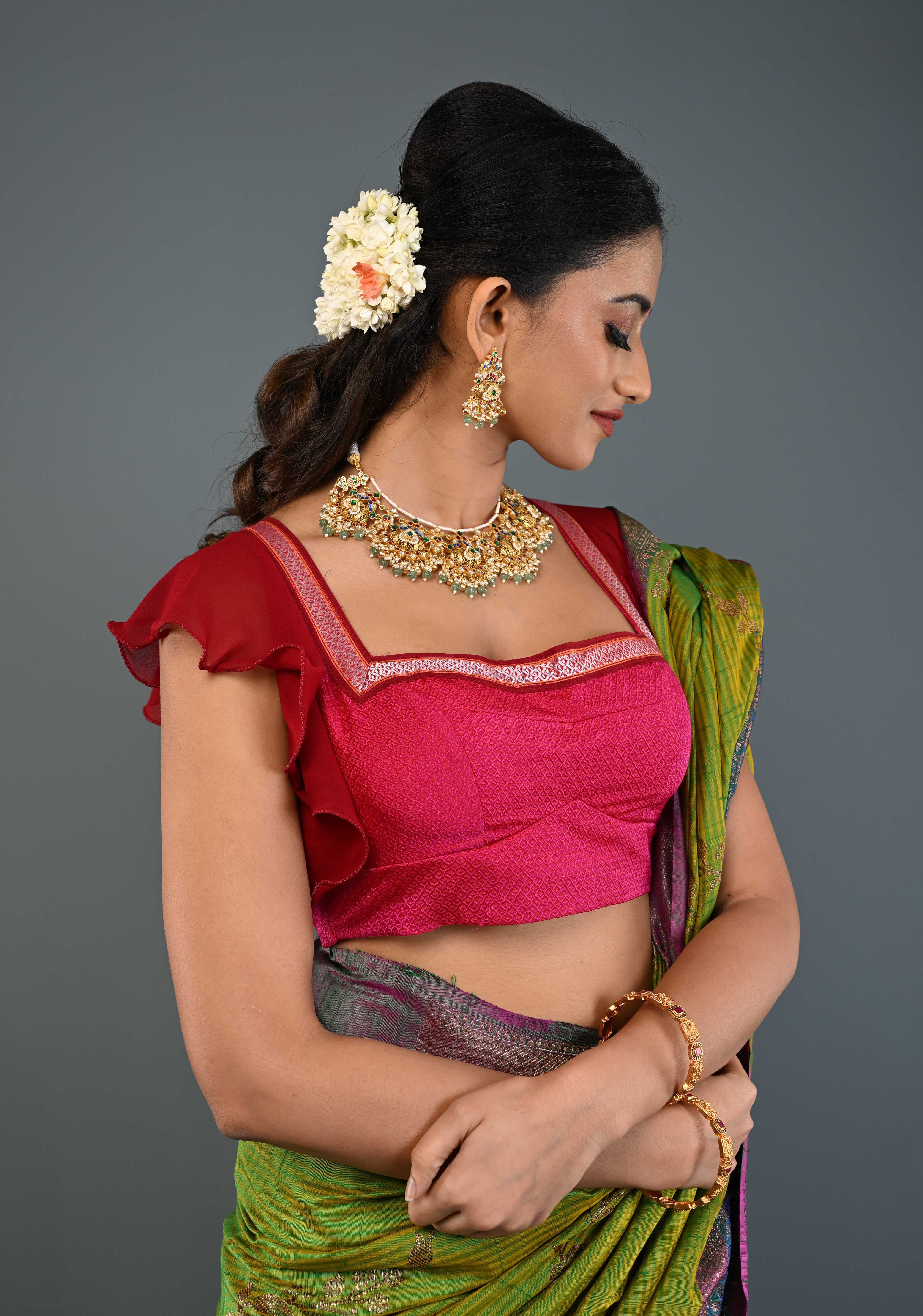 Rani Pink Khana Silk Blouse with Square-Neck and Maroon Ruffle Sleeves, Customizable, Made to Order | Shobitam