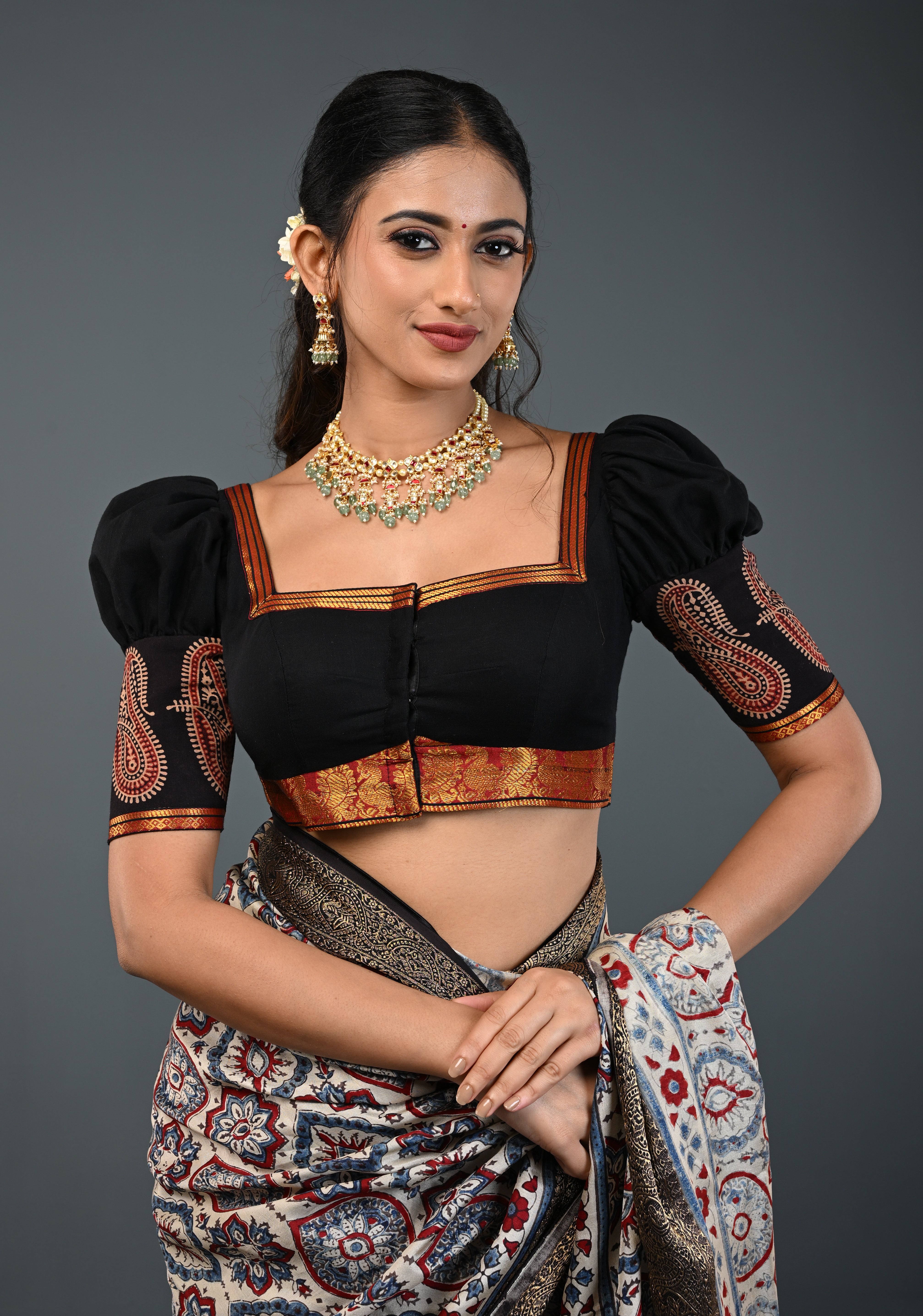 Black Kanchi Cotton Blouse with Puff Sleeves and Back Net Applique, Customizable, Made to Order | Shobitam