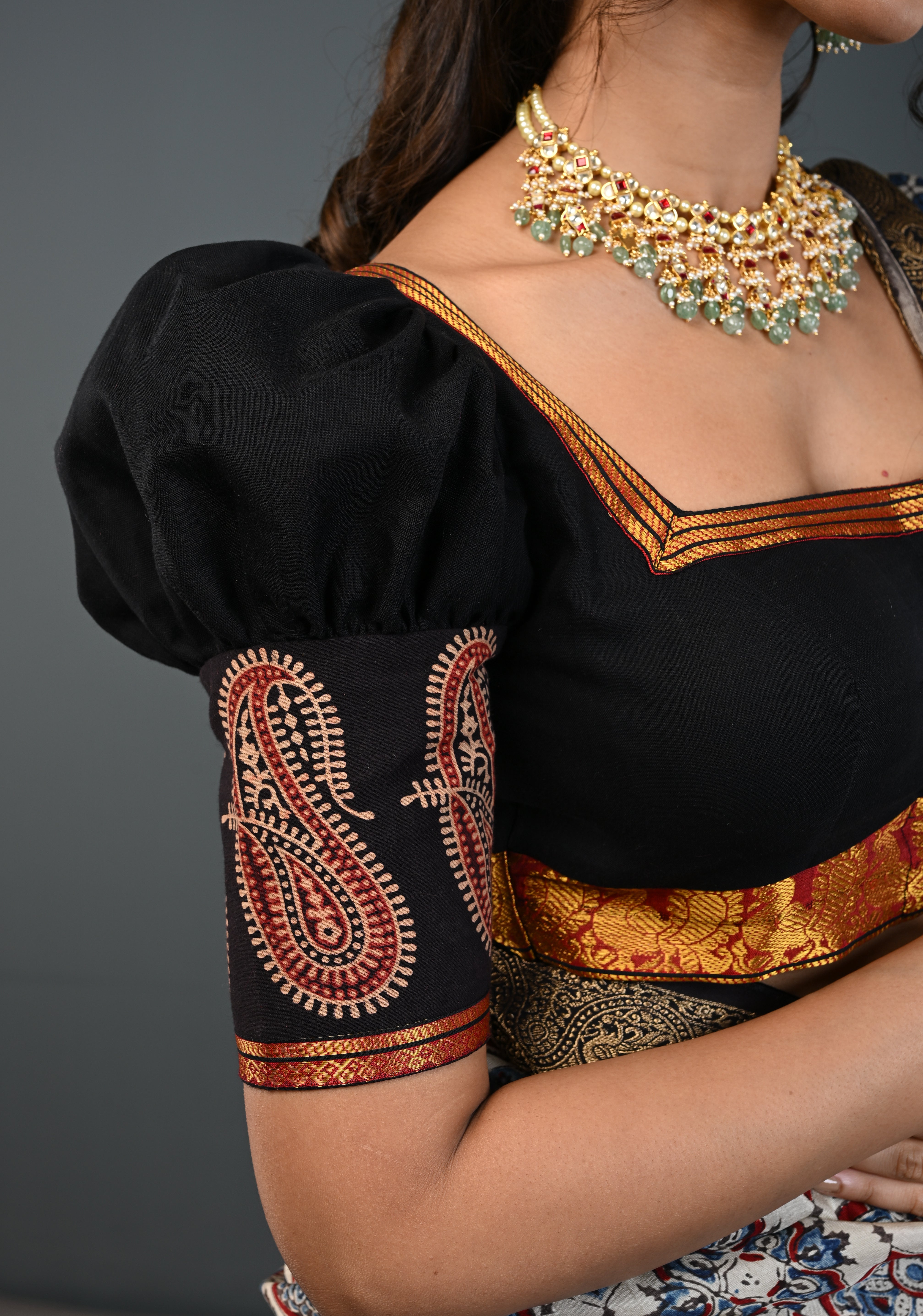 Black Kanchi Cotton Blouse with Puff Sleeves and Back Net Applique, Customizable, Made to Order | Shobitam