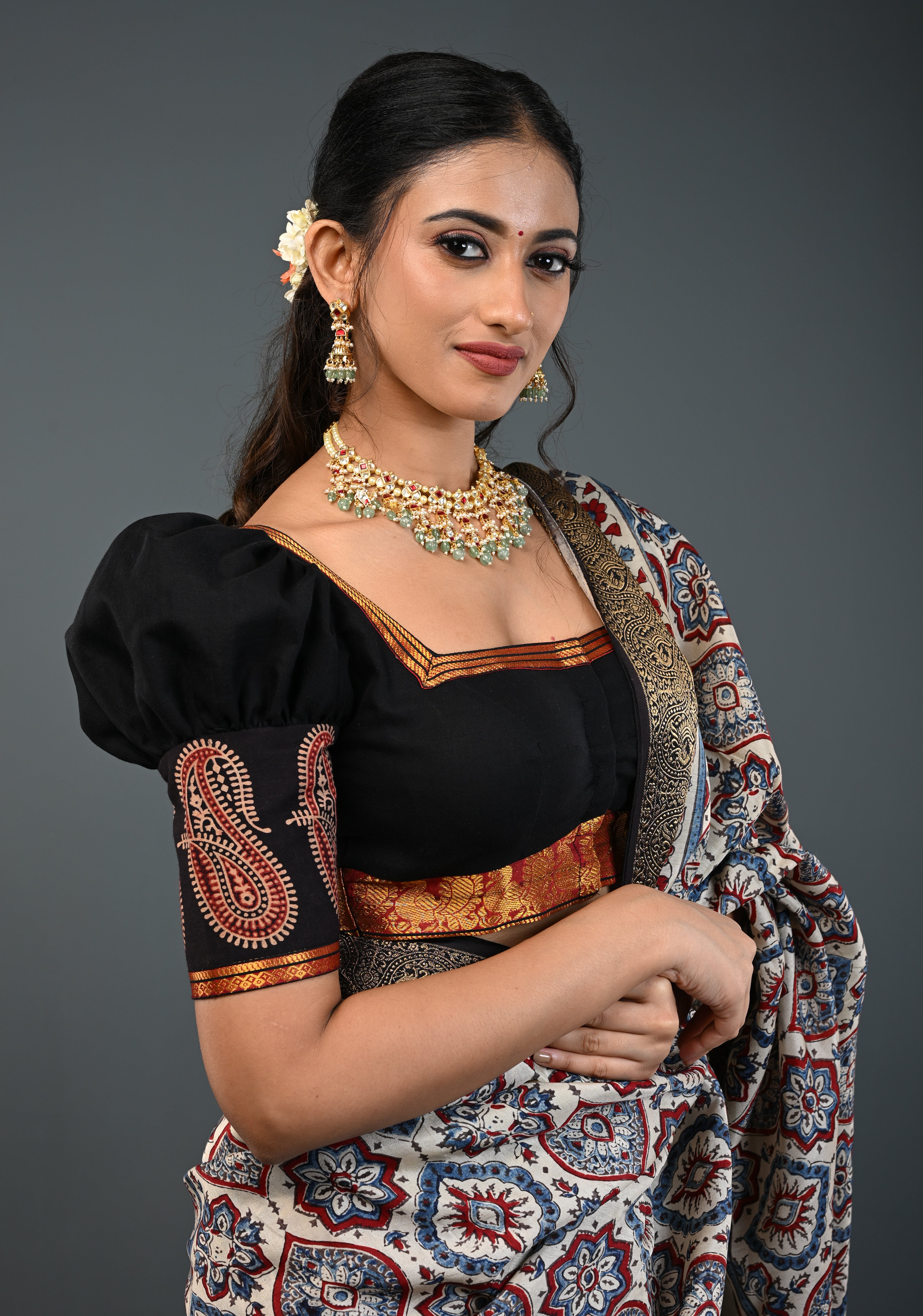 Black Kanchi Cotton Blouse with Puff Sleeves and Back Net Applique, Customizable, Made to Order | Shobitam