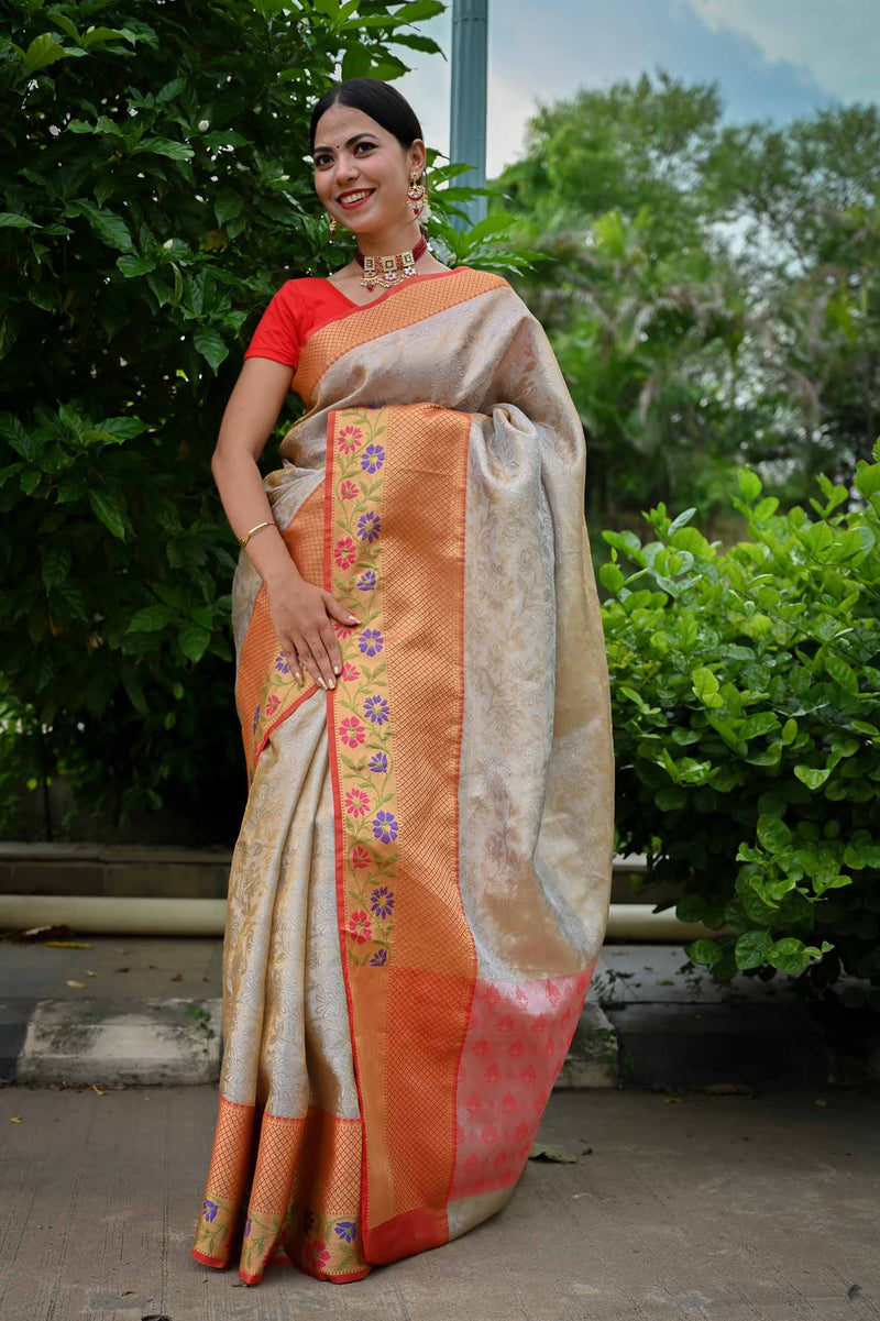 Banarasi Self Weaving design with hand Woven Red Border Wrap in 1 minute saree - Isadora Life