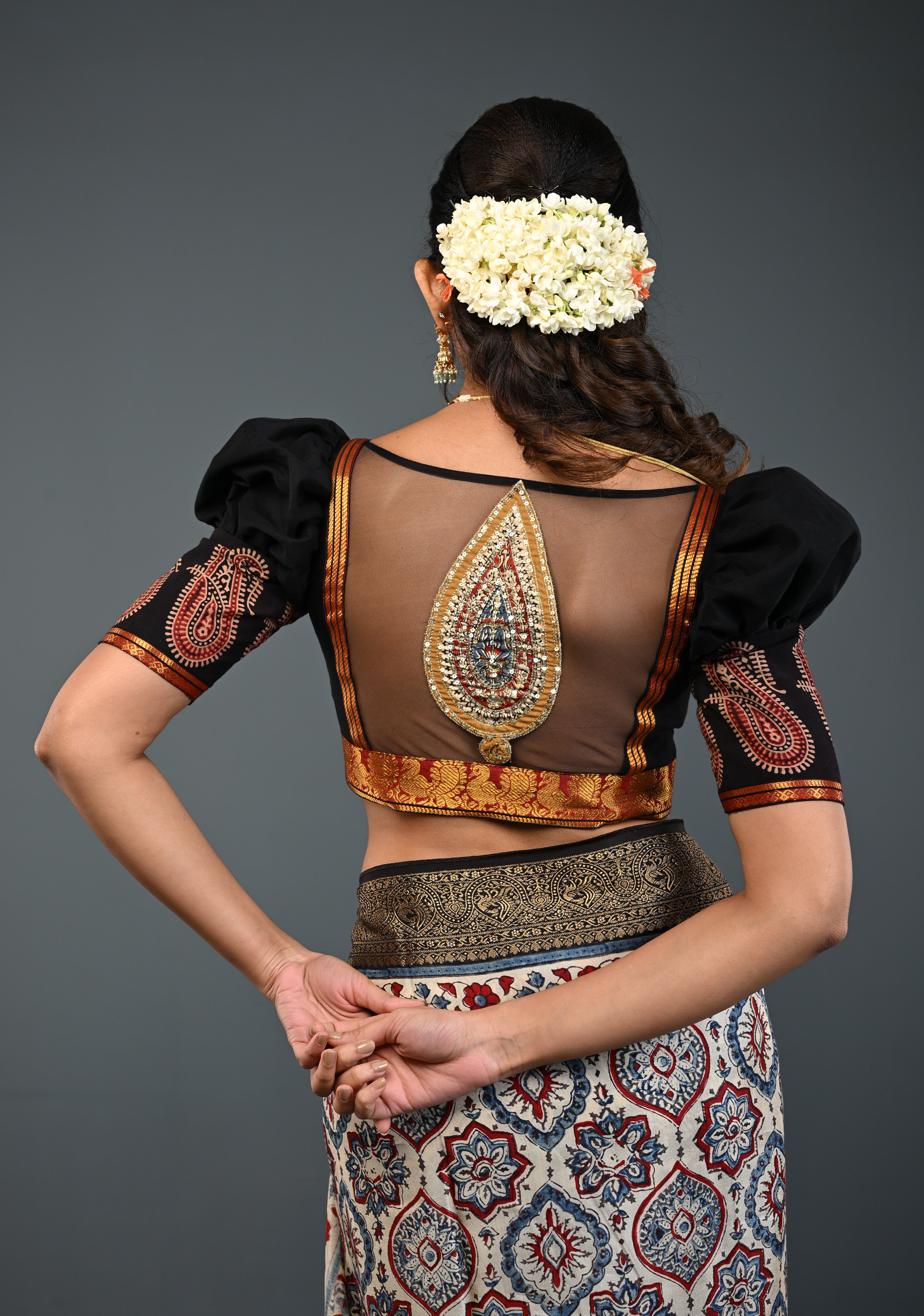 Black Kanchi Cotton Blouse with Puff Sleeves and Back Net Applique, Customizable, Made to Order | Shobitam