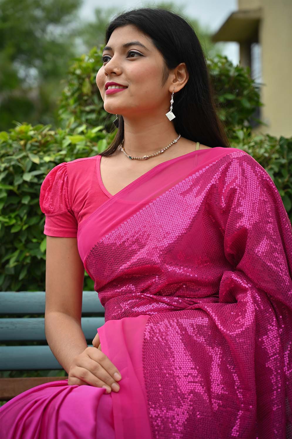 Ready to wear one minute saree Designer crimson pink dense sequin pallu and satin pleats with stitched blouse - Isadora Life