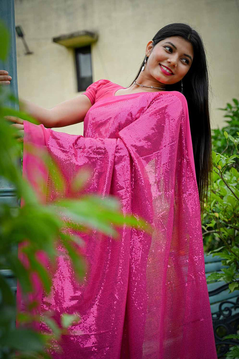 Ready to wear one minute saree Designer crimson pink dense sequin pallu and satin pleats with stitched blouse - Isadora Life
