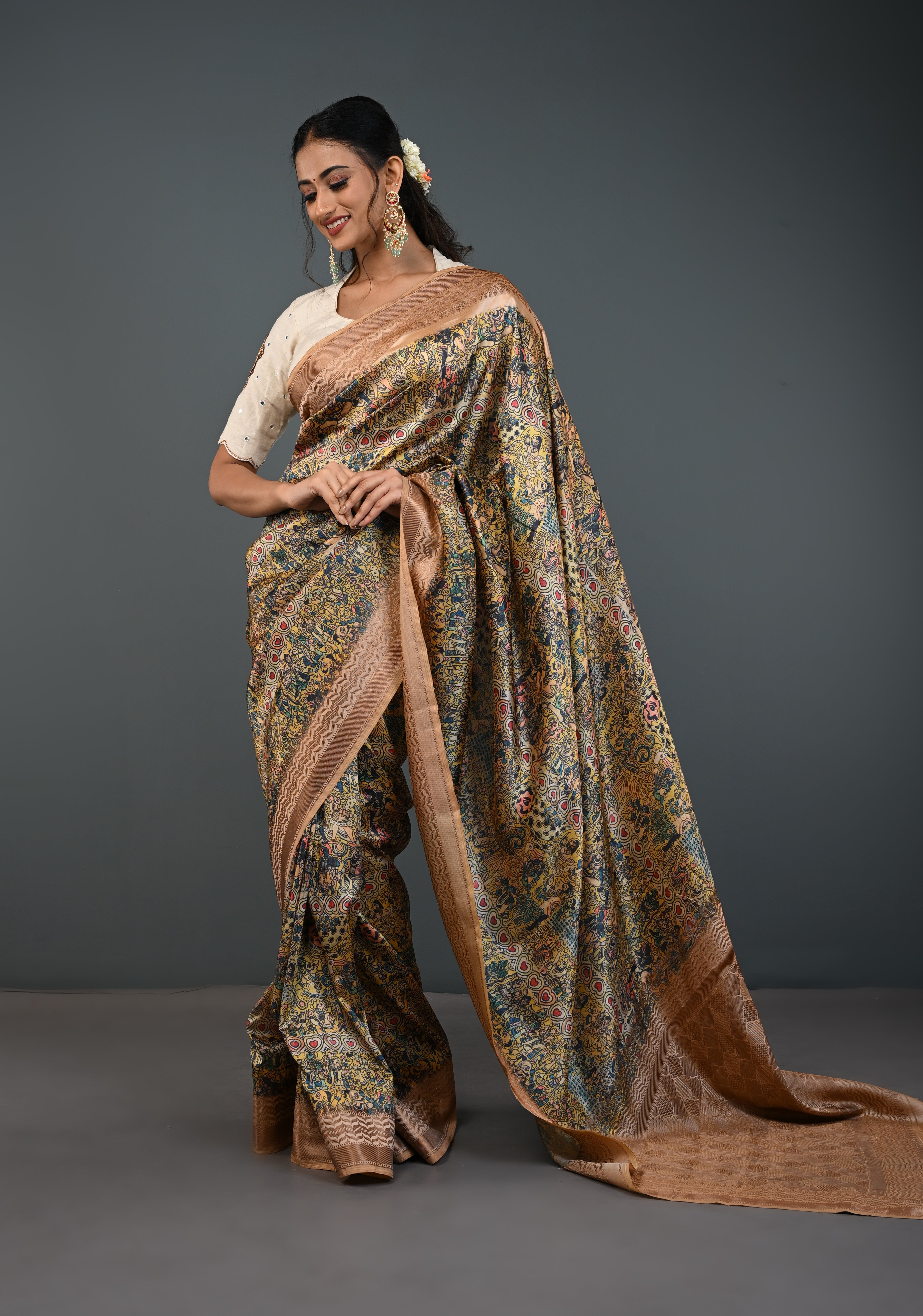 Semi Tussar Silk Saree with Kalamkari Digital Print in Beige | Shobitam