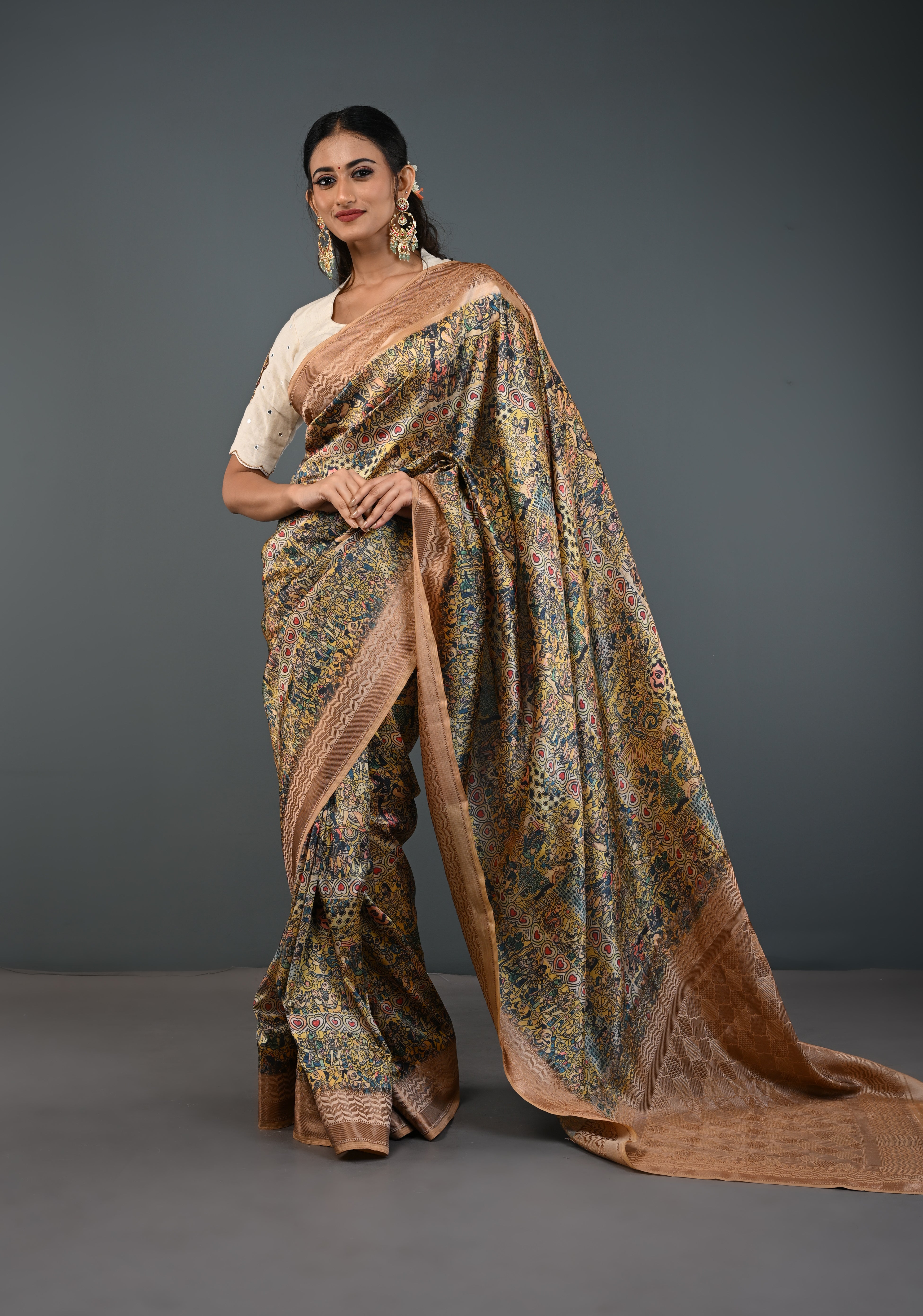 Semi Tussar Silk Saree with Kalamkari Digital Print in Beige | Shobitam