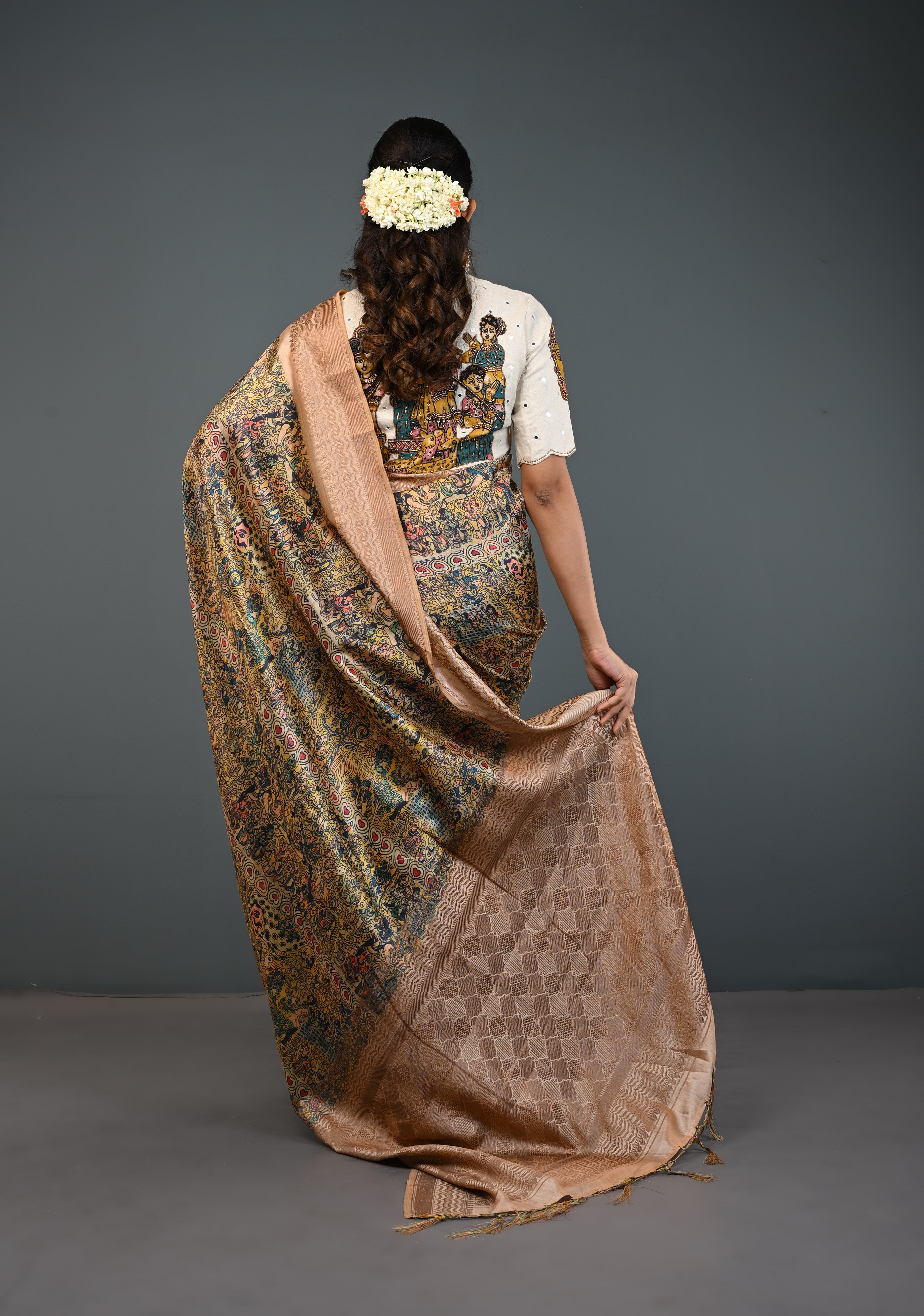 Semi Tussar Silk Saree with Kalamkari Digital Print in Beige | Shobitam