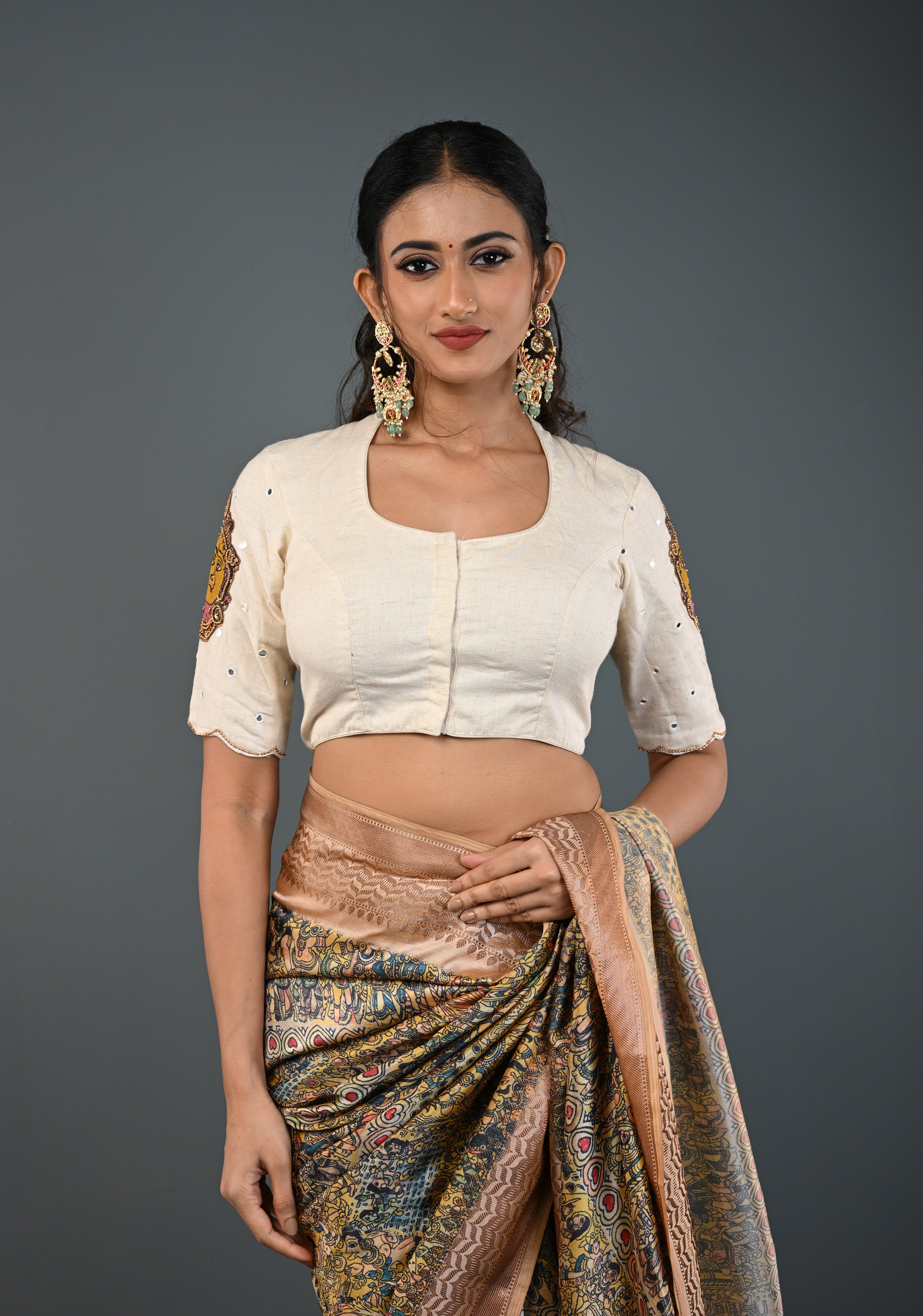 Off White Cotton Blouse with Pen Kalamkari Handpainted Dancing Queens and Handwork Detailing , Customizable, Made to Order | Shobitam