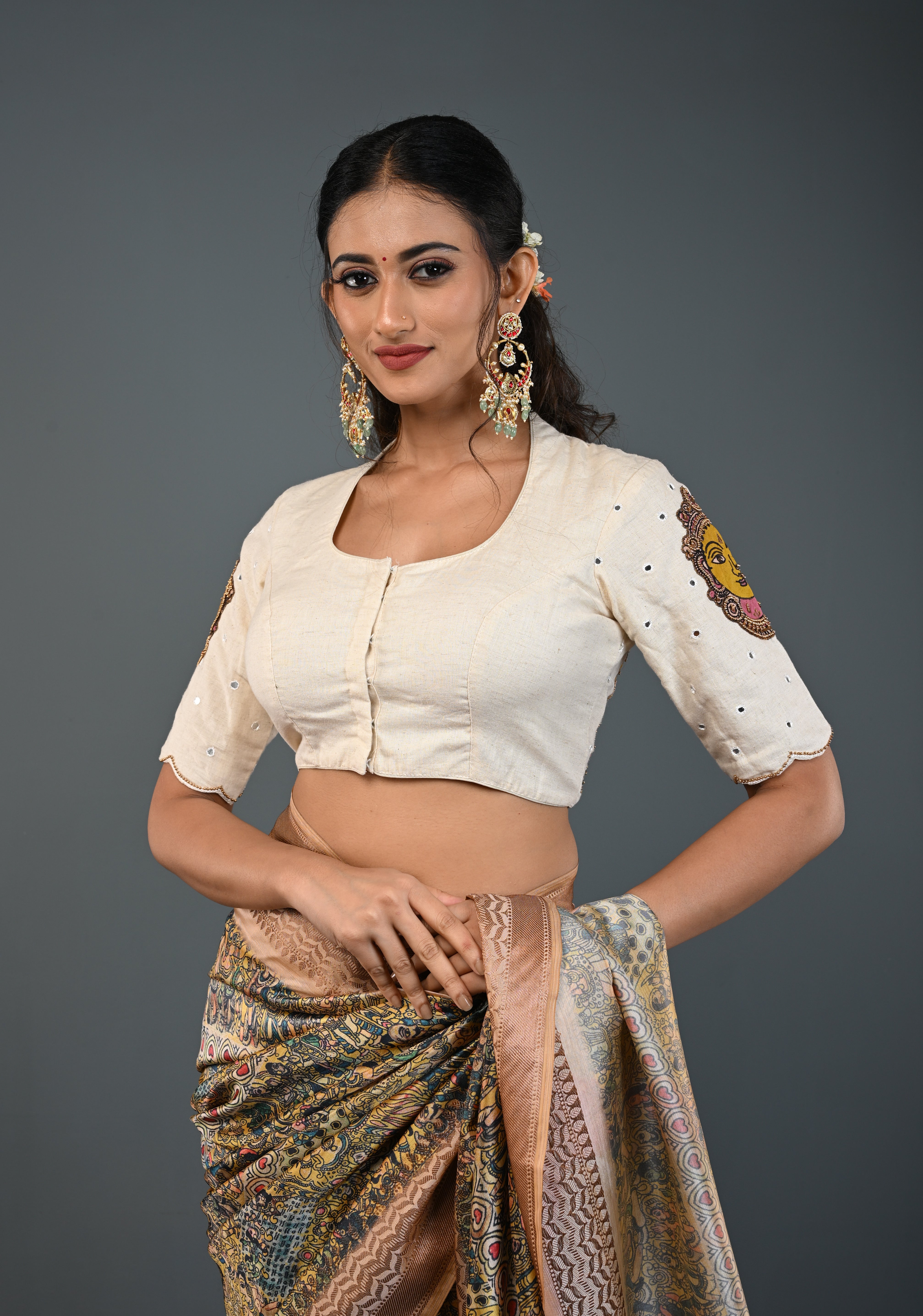 Off White Cotton Blouse with Pen Kalamkari Handpainted Dancing Queens and Handwork Detailing , Customizable, Made to Order | Shobitam