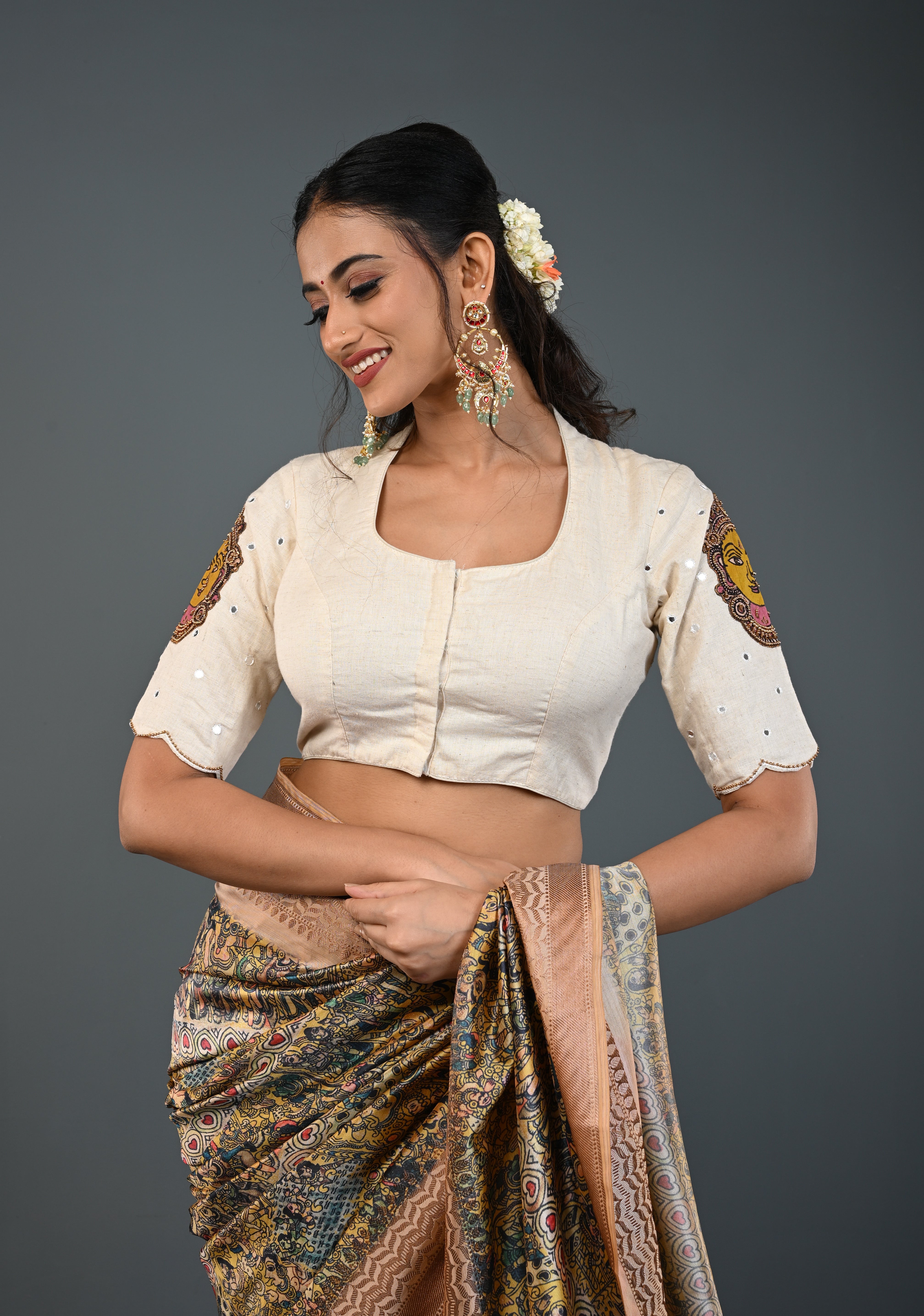 Off White Cotton Blouse with Pen Kalamkari Handpainted Dancing Queens and Handwork Detailing , Customizable, Made to Order | Shobitam