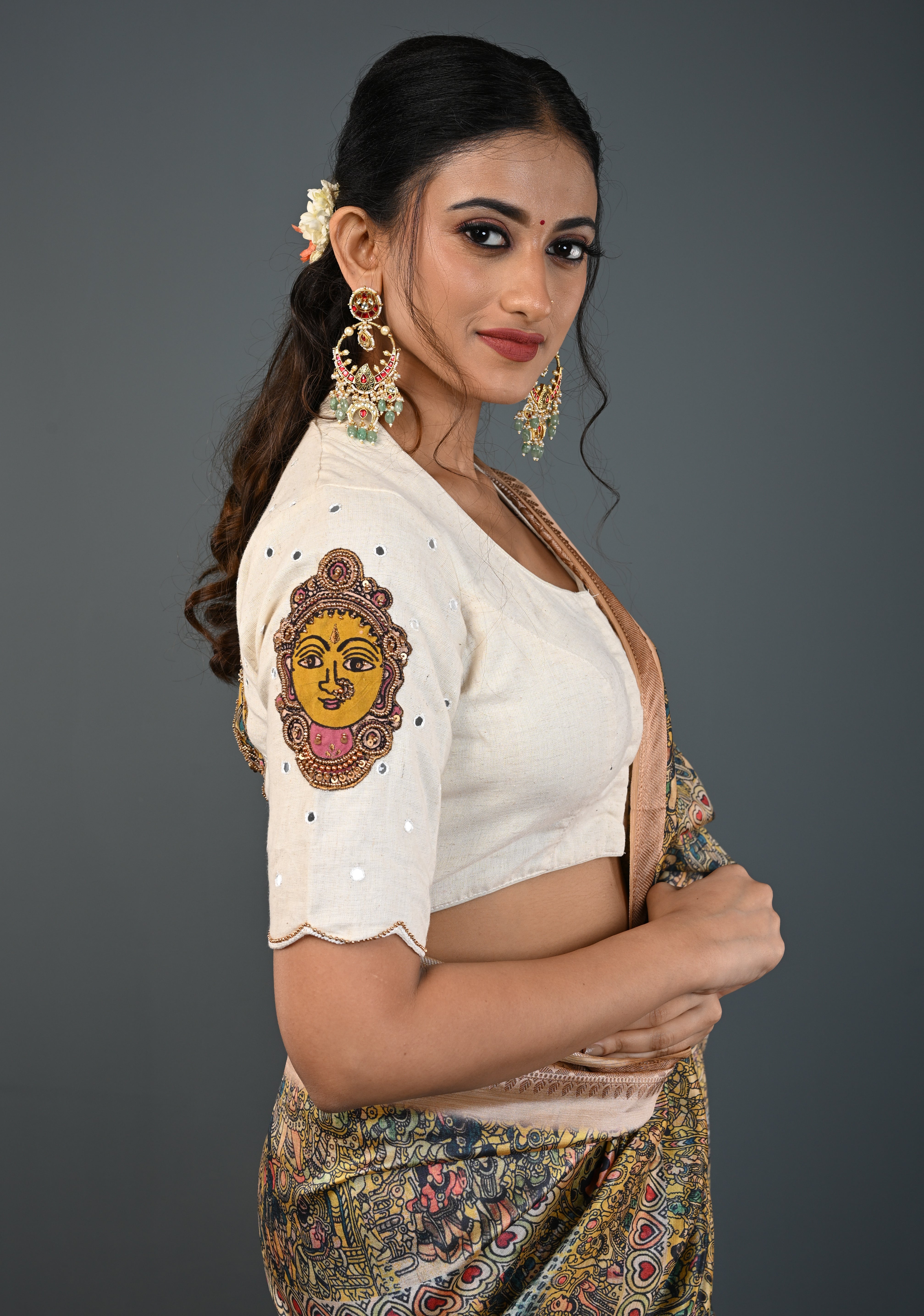 Off White Cotton Blouse with Pen Kalamkari Handpainted Dancing Queens and Handwork Detailing , Customizable, Made to Order | Shobitam