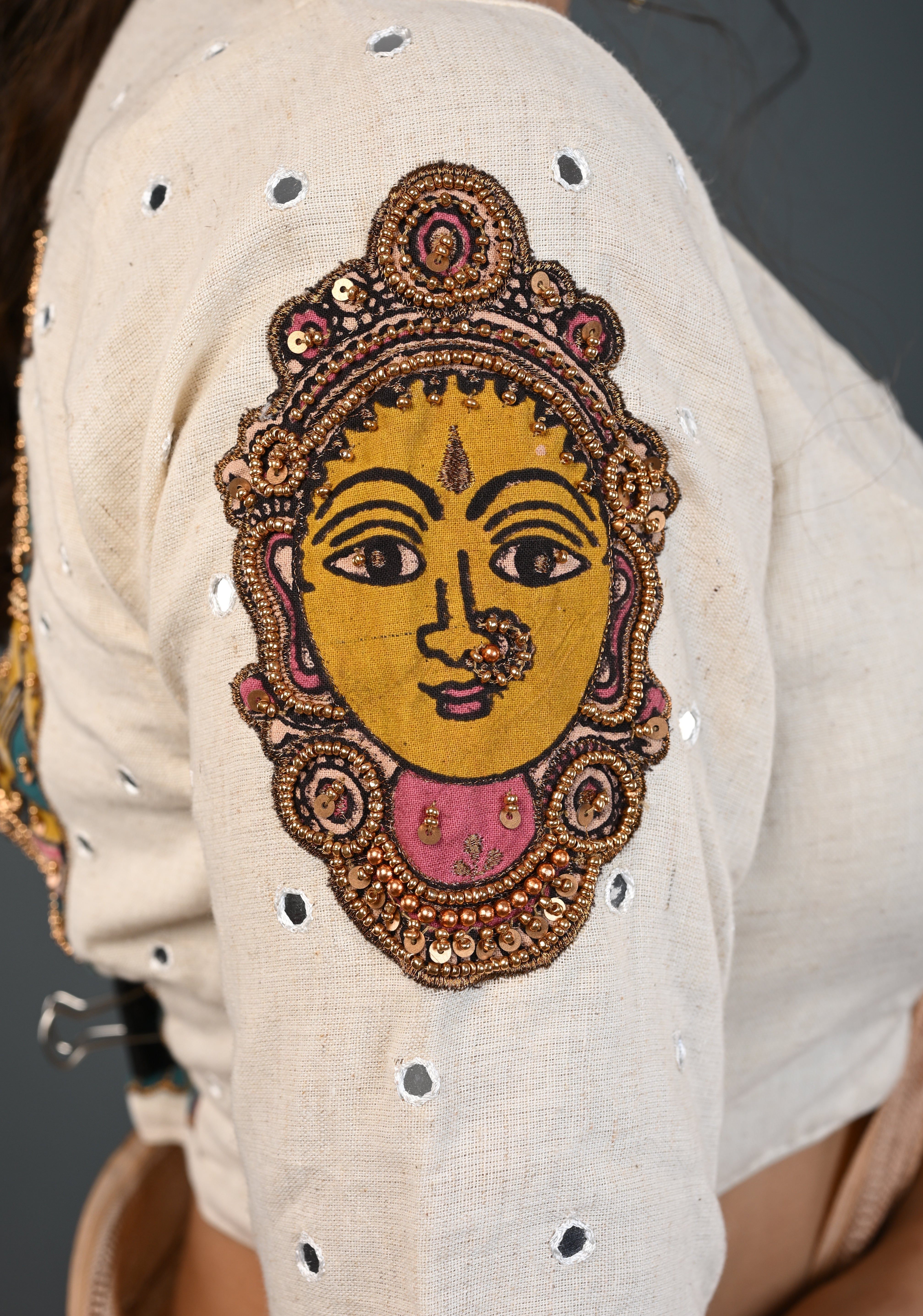 Off White Cotton Blouse with Pen Kalamkari Handpainted Dancing Queens and Handwork Detailing , Customizable, Made to Order | Shobitam