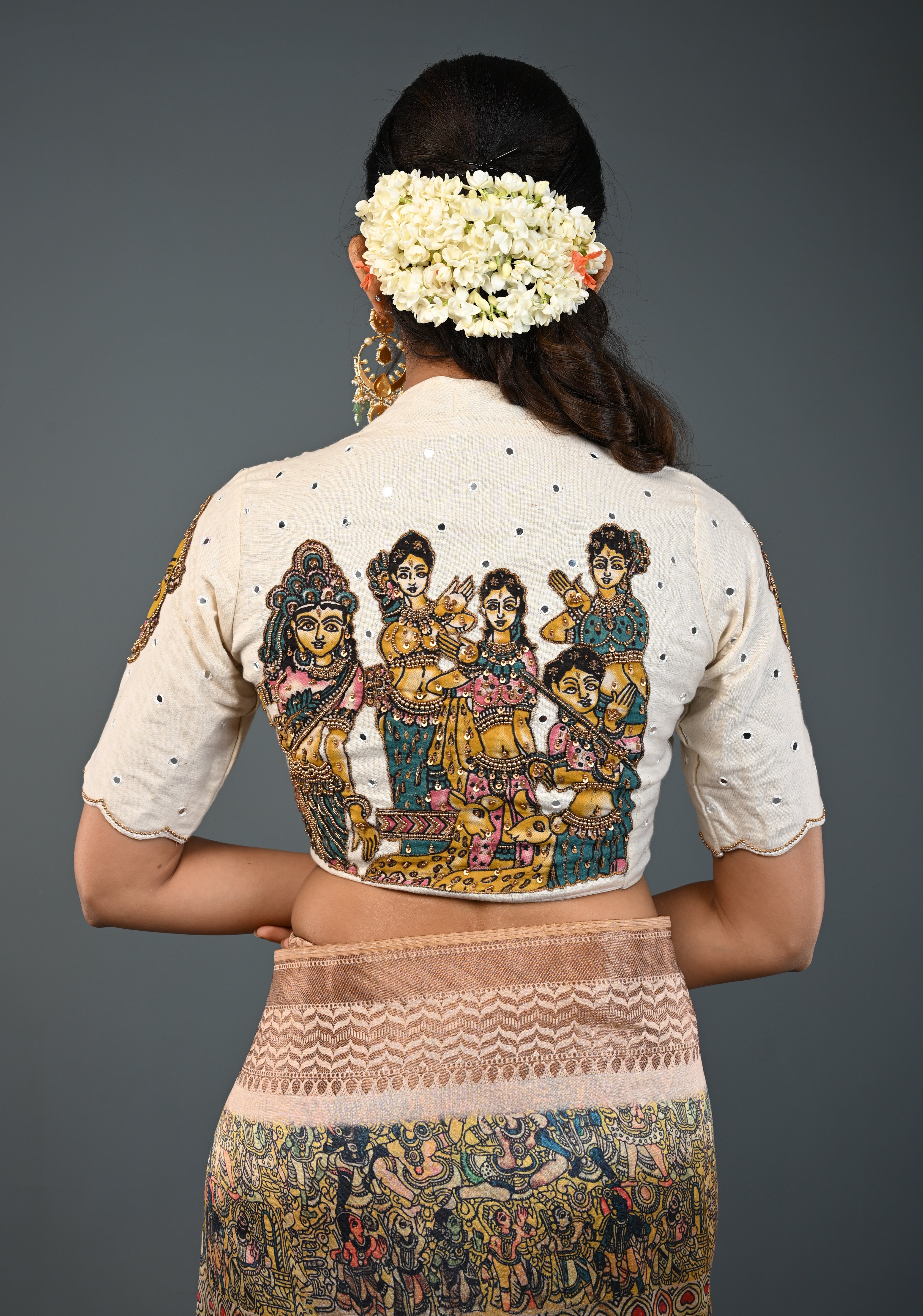 Off White Cotton Blouse with Pen Kalamkari Handpainted Dancing Queens and Handwork Detailing , Customizable, Made to Order | Shobitam