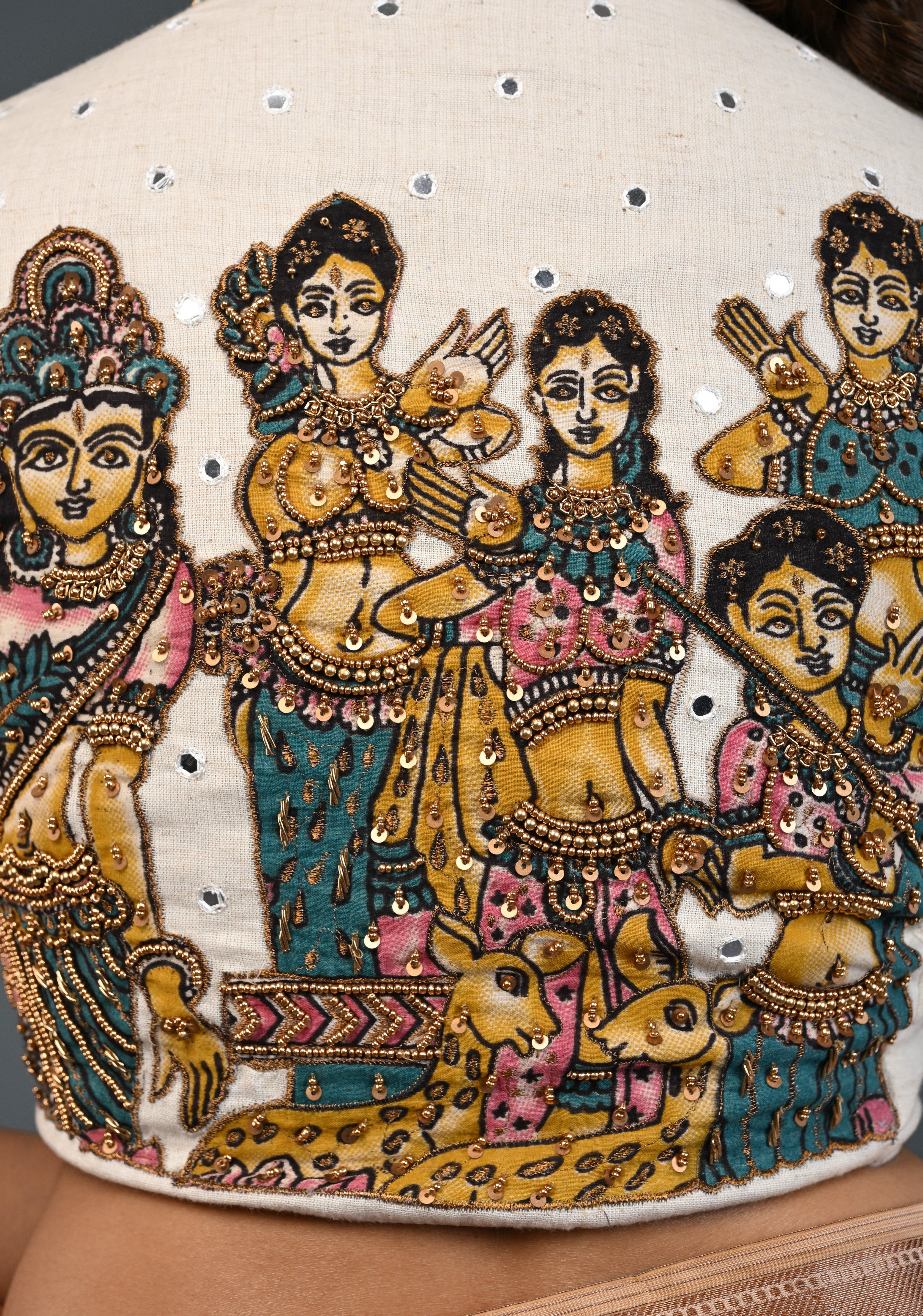 Off White Cotton Blouse with Pen Kalamkari Handpainted Dancing Queens and Handwork Detailing , Customizable, Made to Order | Shobitam