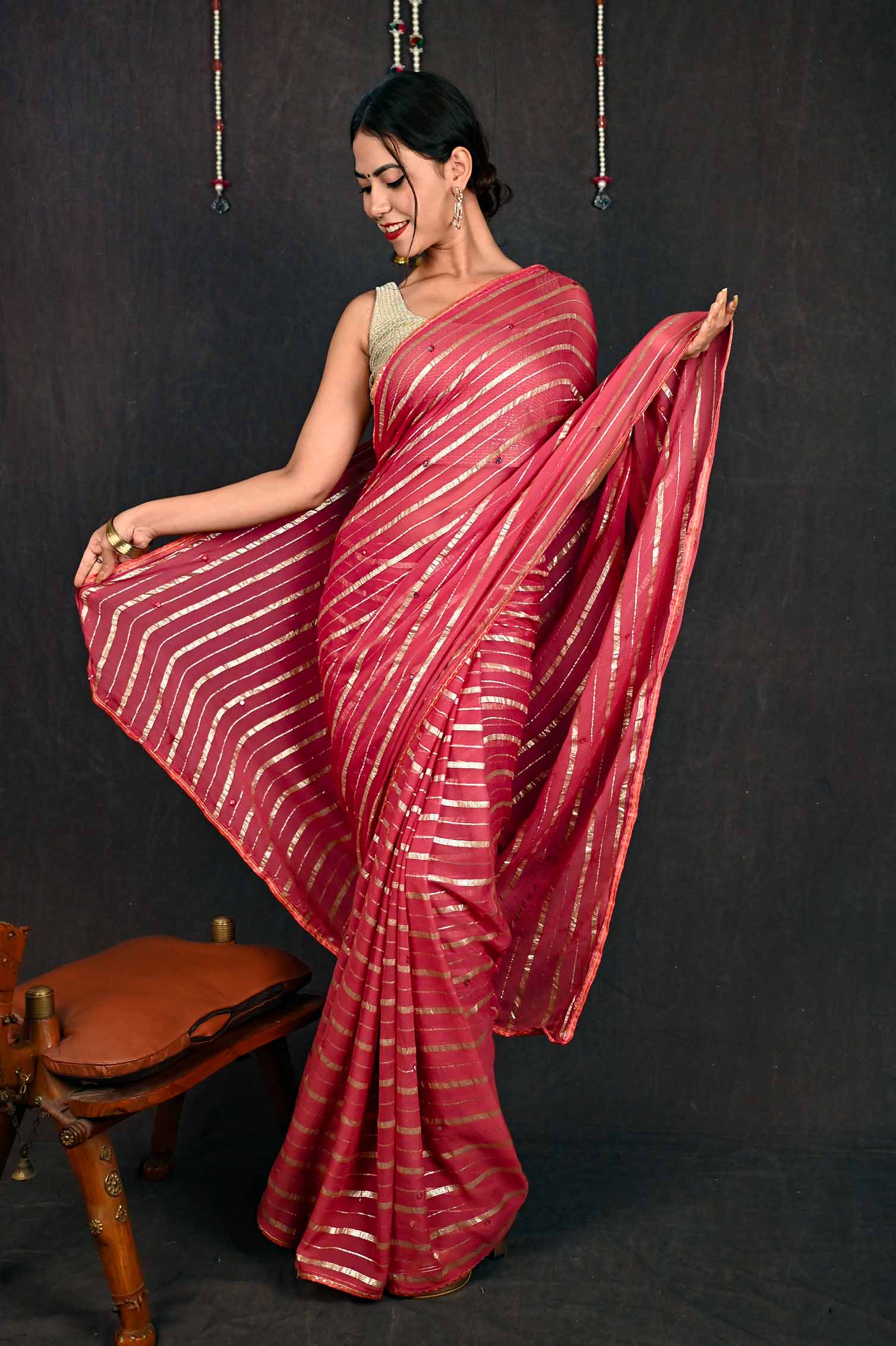 Ready to wear Georgette Silk With Interwoven Mirror &  Golden Lace Wrap in 1 minute Saree with Readymade Blouse - Isadora Life