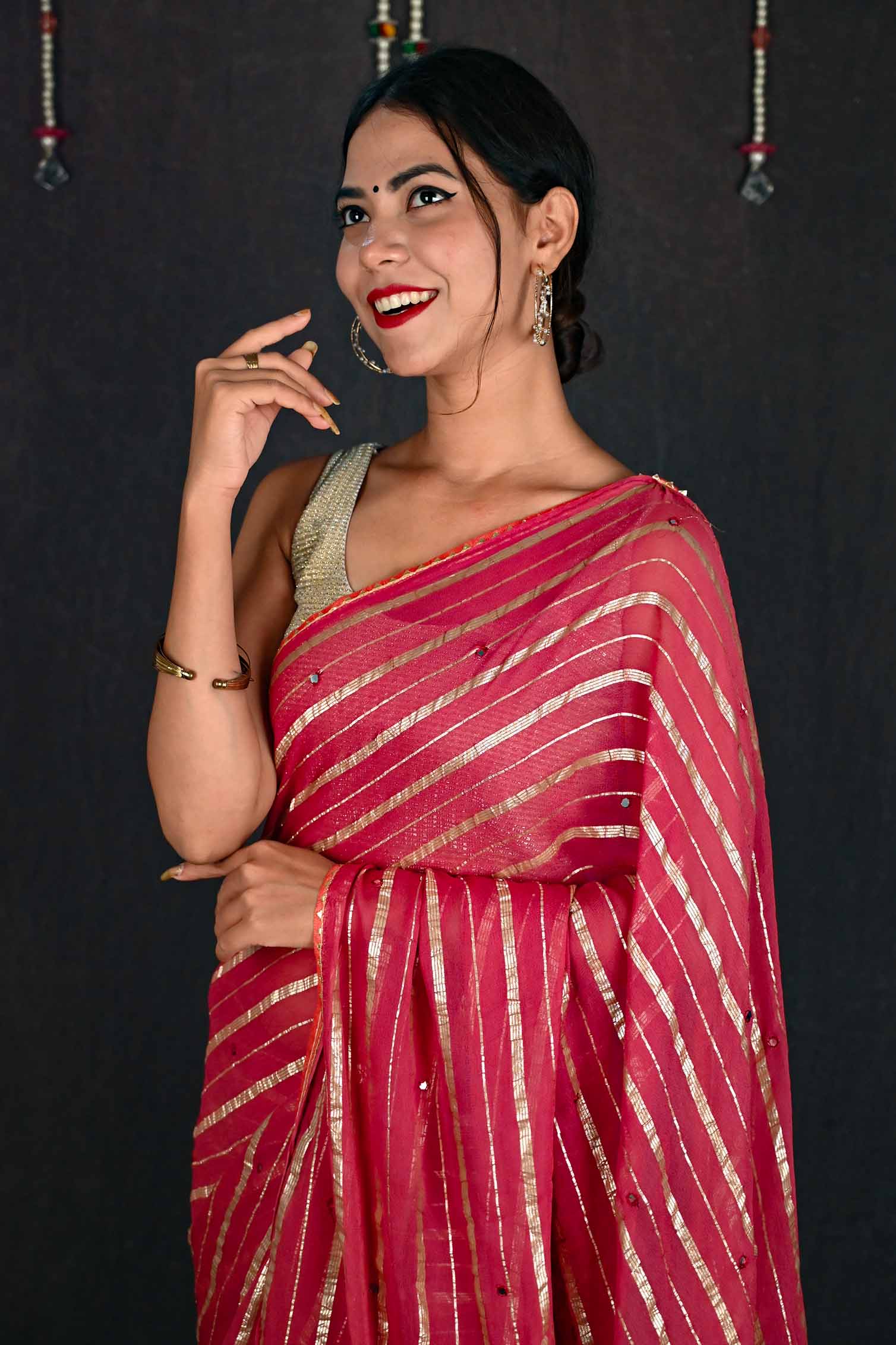 Ready to wear Georgette Silk With Interwoven Mirror &  Golden Lace Wrap in 1 minute Saree with Readymade Blouse - Isadora Life