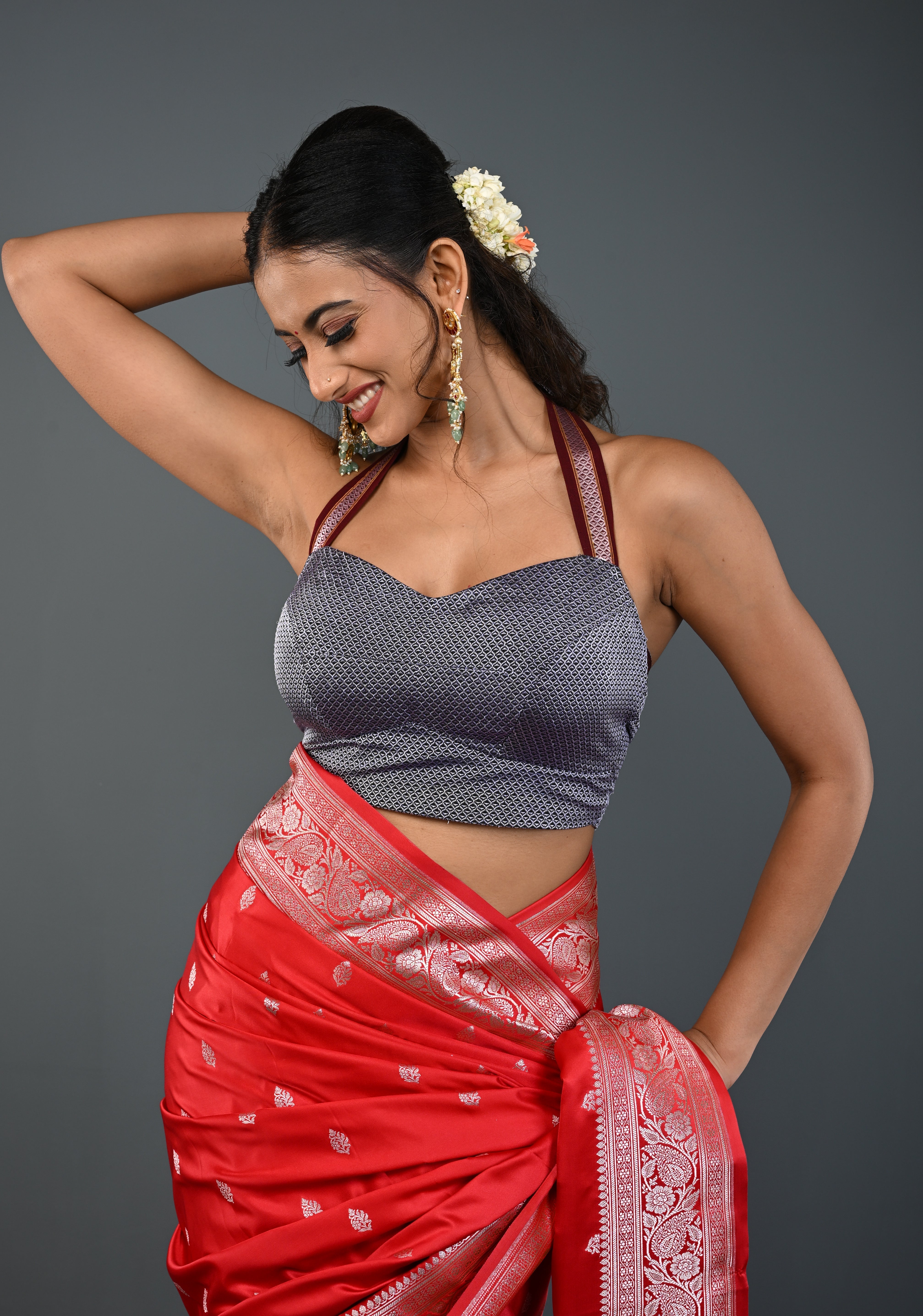 Gray Khana Silk Blouse with Halter Neck , Customizable, Made to Order | Shobitam