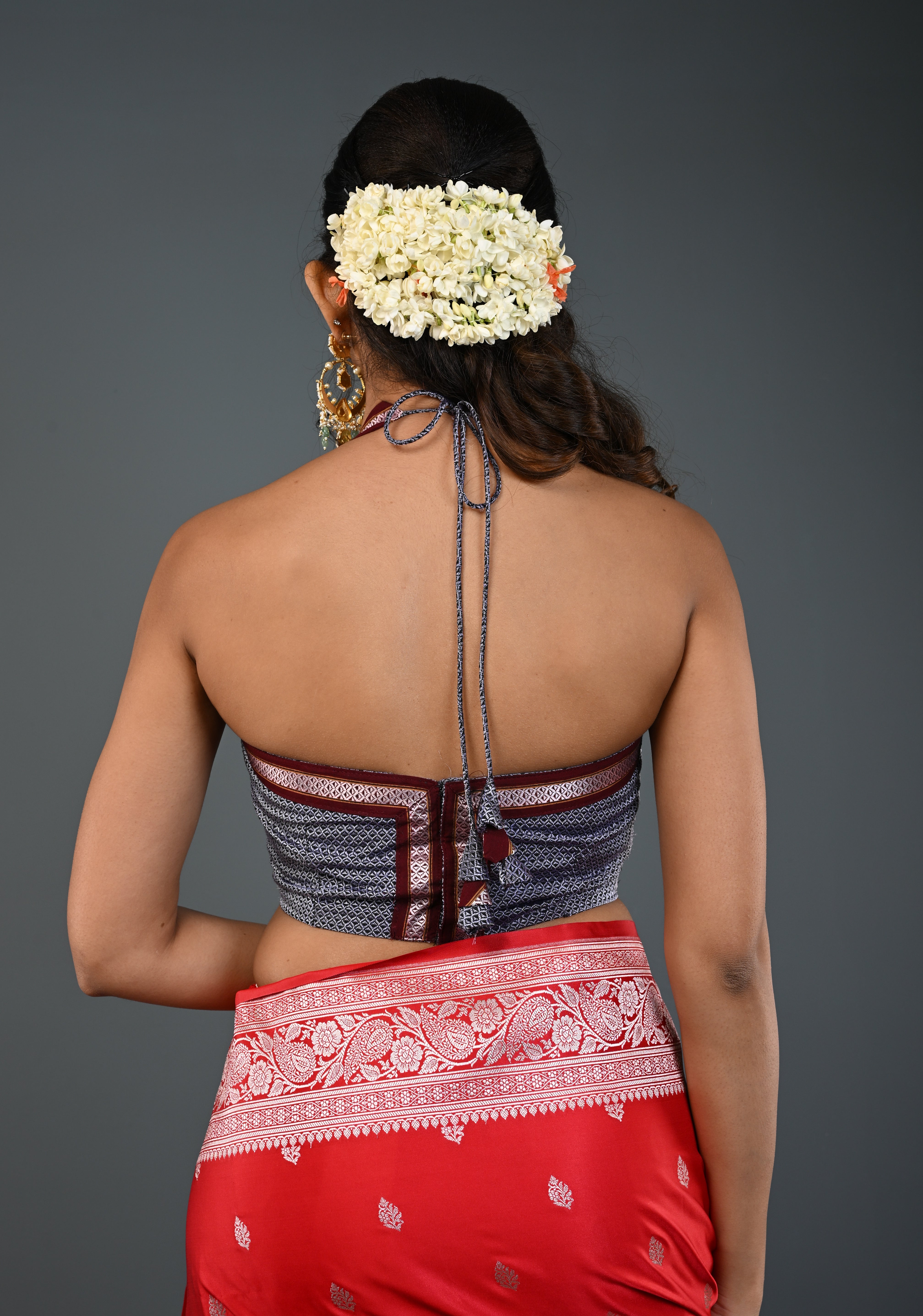 Gray Khana Silk Blouse with Halter Neck , Customizable, Made to Order | Shobitam