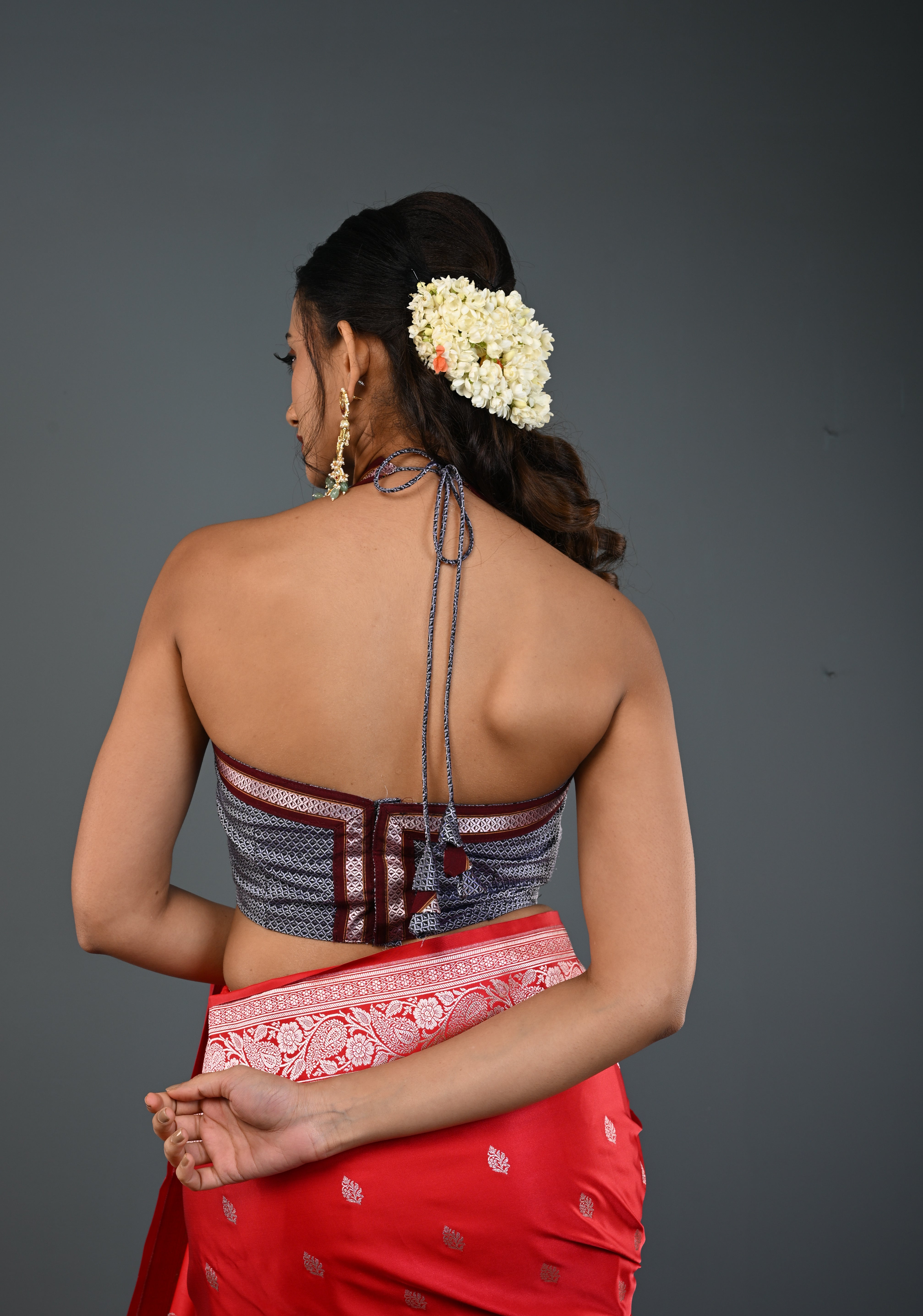 Gray Khana Silk Blouse with Halter Neck , Customizable, Made to Order | Shobitam